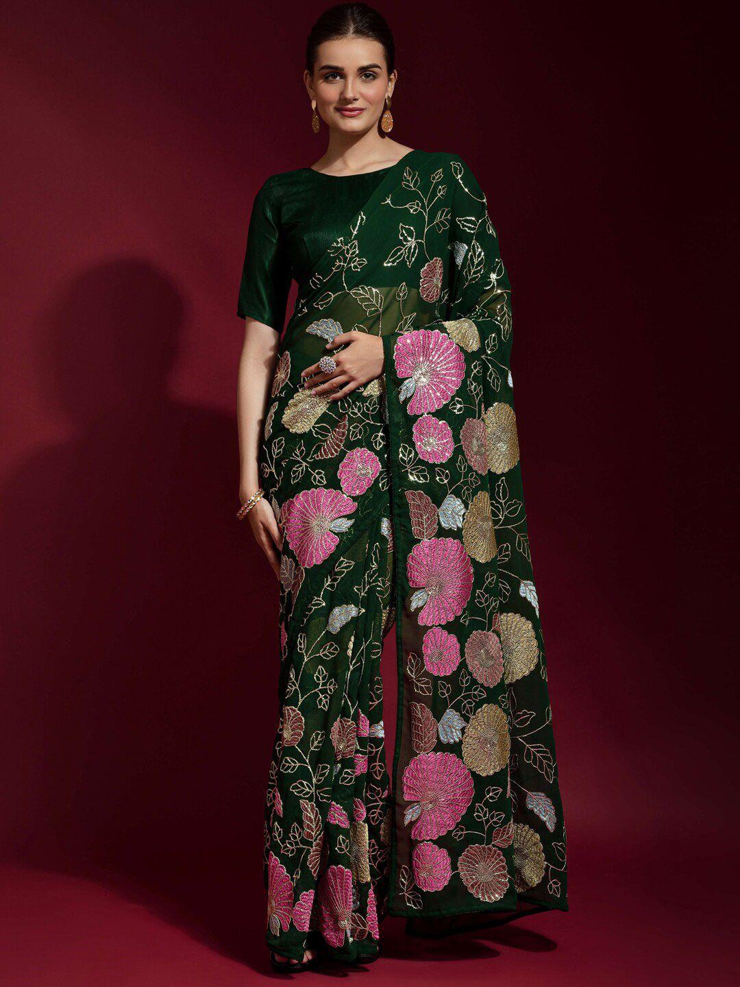 anouk green & pink floral embroidered sequinned pure georgette saree