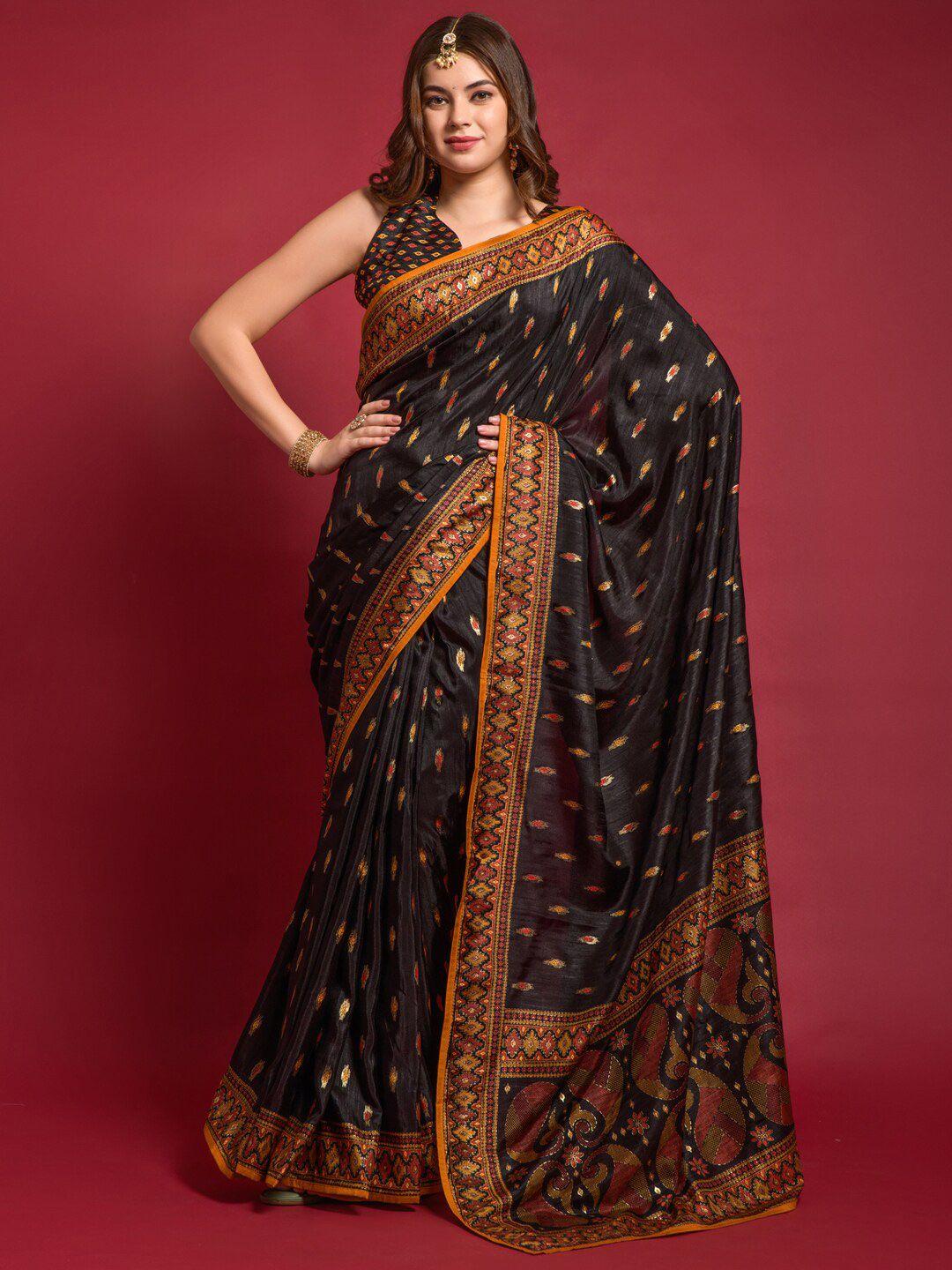 anouk black & orange ethnic motifs printed zari ikat saree