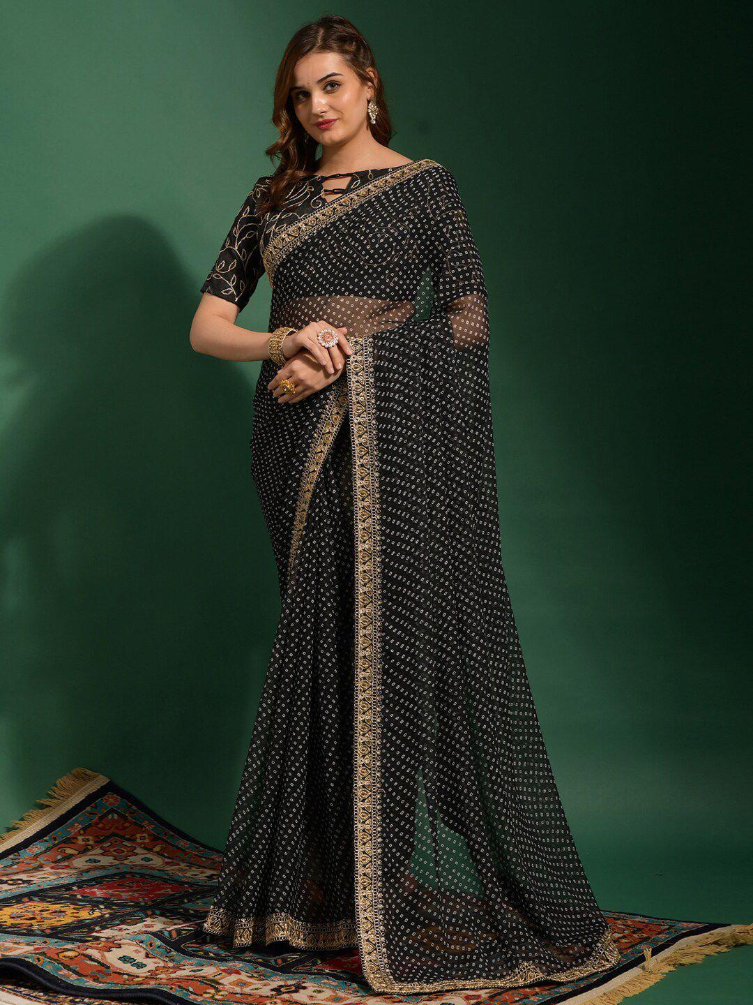 anouk black & white printed sequinned pure georgette bandhani saree