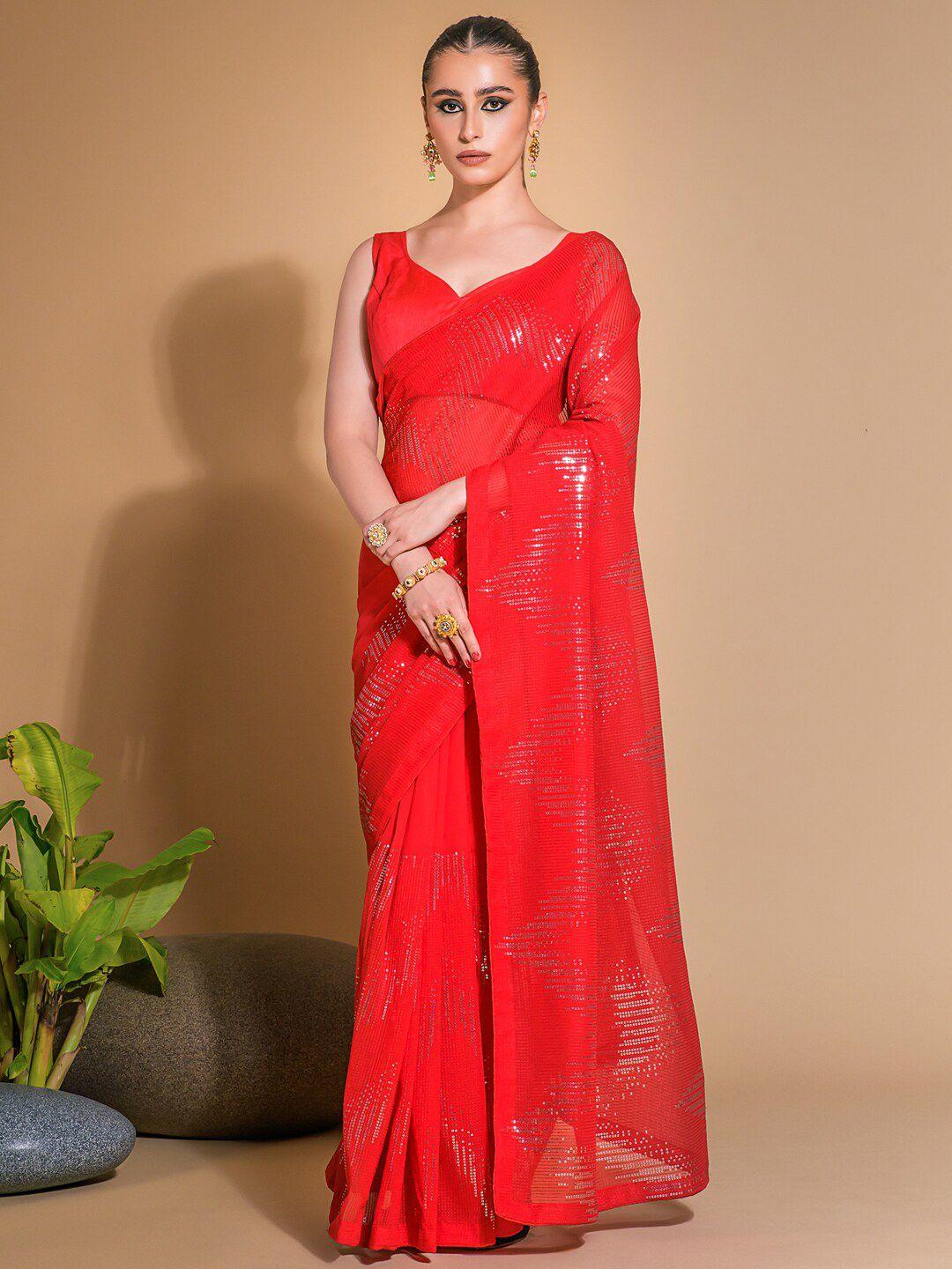 anouk red embellished sequinned pure georgette saree