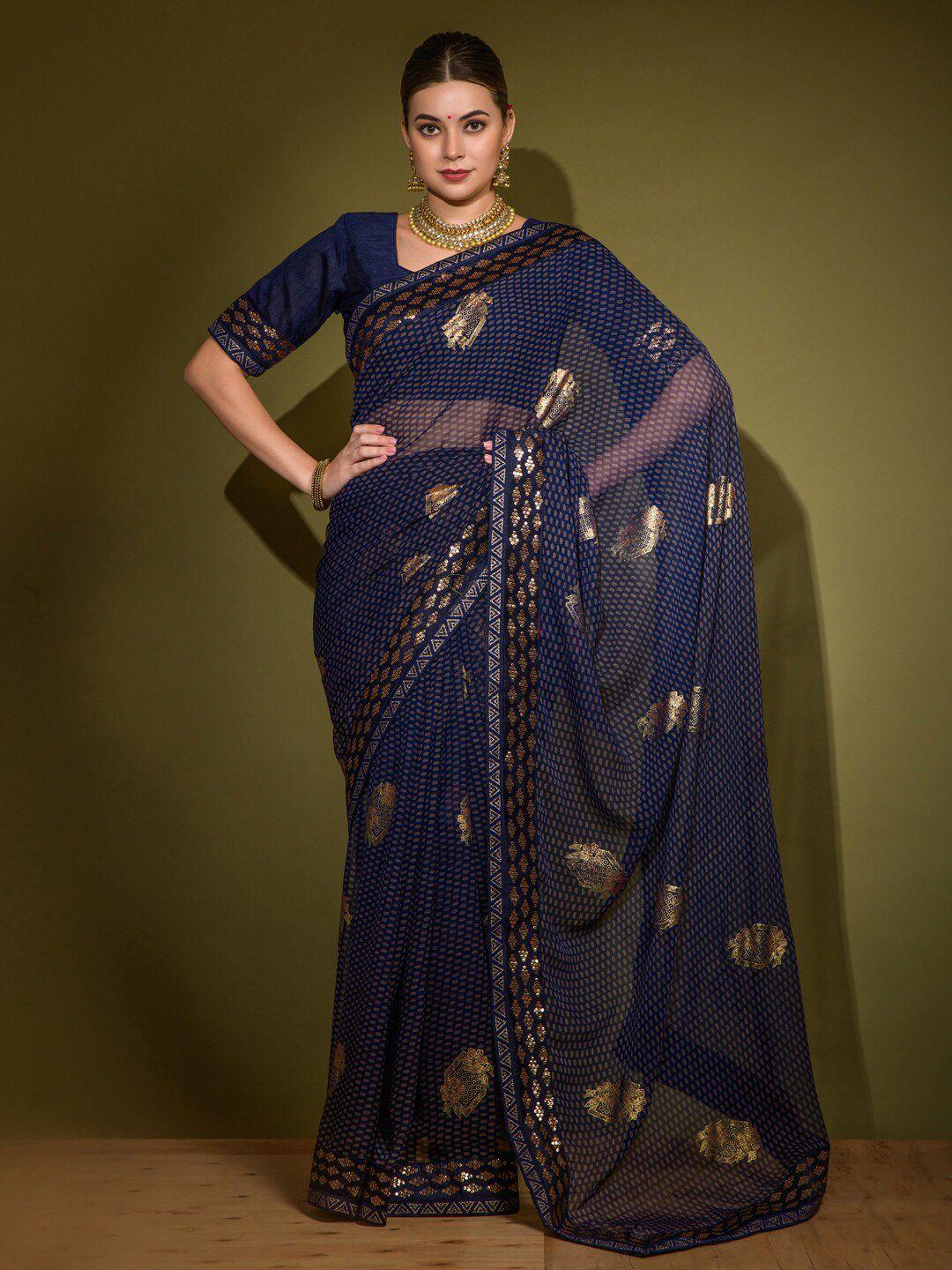 anouk navy blue & gold-toned ethnic motifs printed zari pure georgette saree