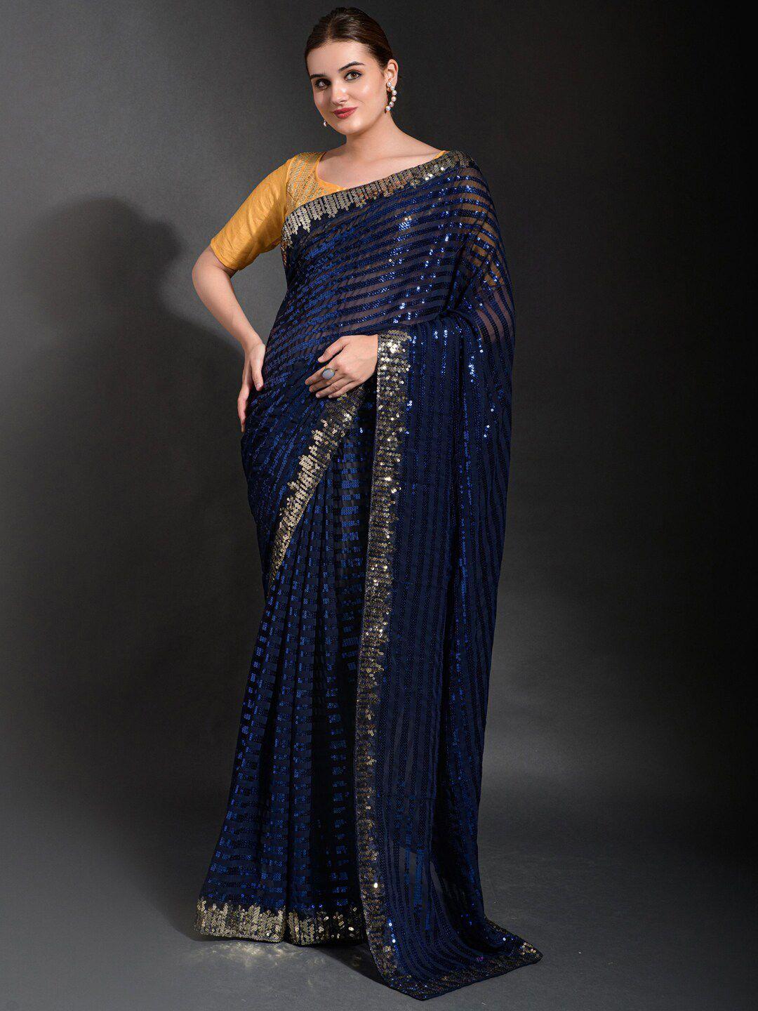 anouk navy blue & gold-toned embellished sequinned pure georgette saree