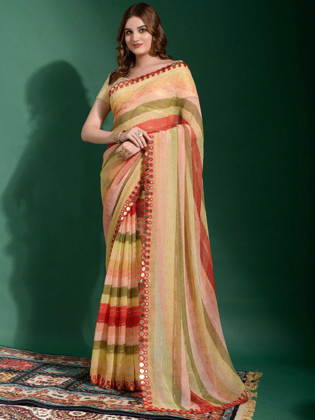 anouk yellow & green striped mirror work pure chiffon saree