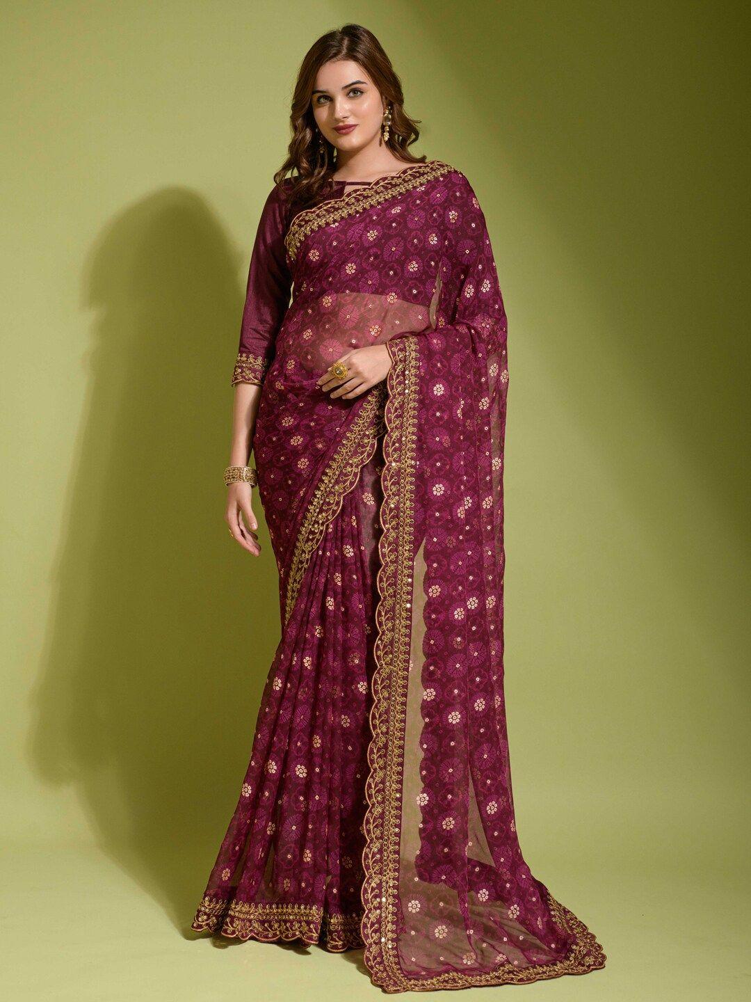 anouk purple & gold-toned ethnic motifs printed embroidered pure chiffon saree