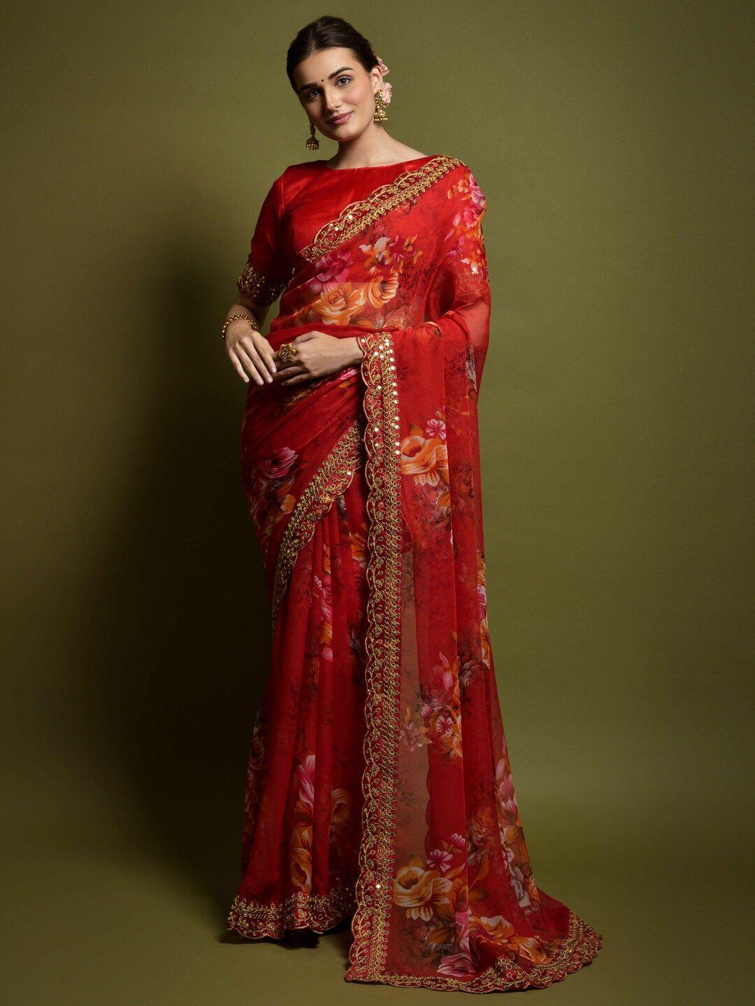 anouk red & yellow floral printed & embroidered border pure georgette saree