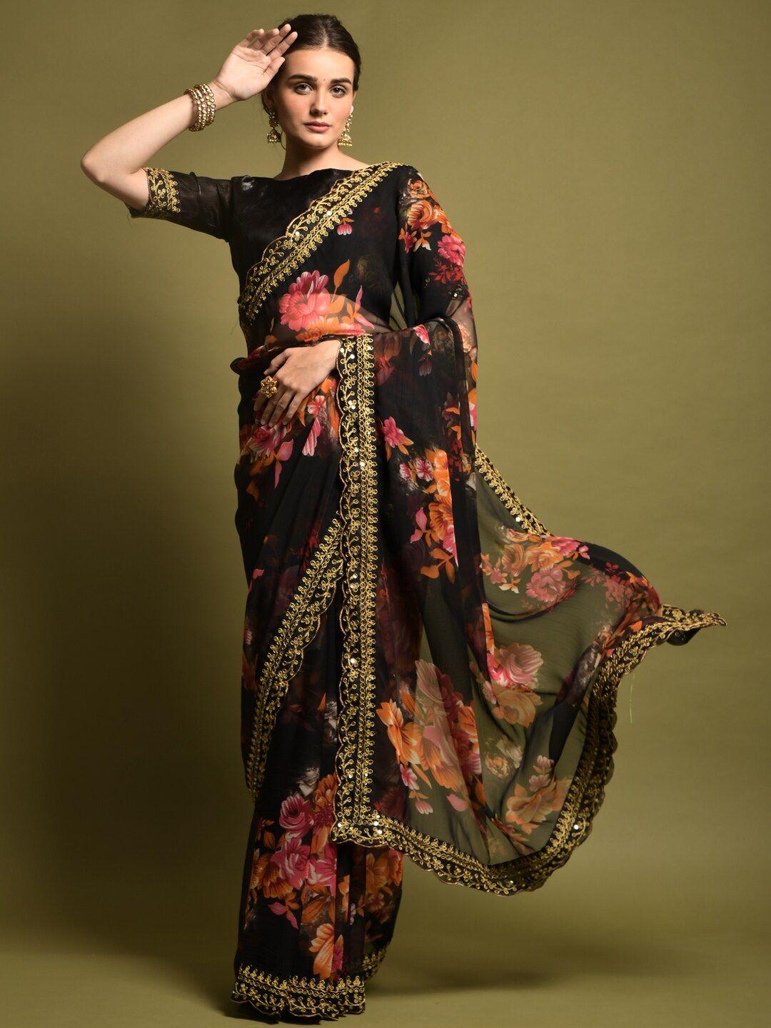 anouk black & orange floral printed embroidered pure georgette saree