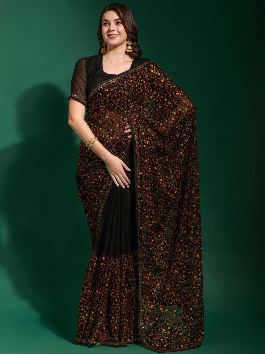 anouk black & red embroidered  beads and stones pure georgette saree