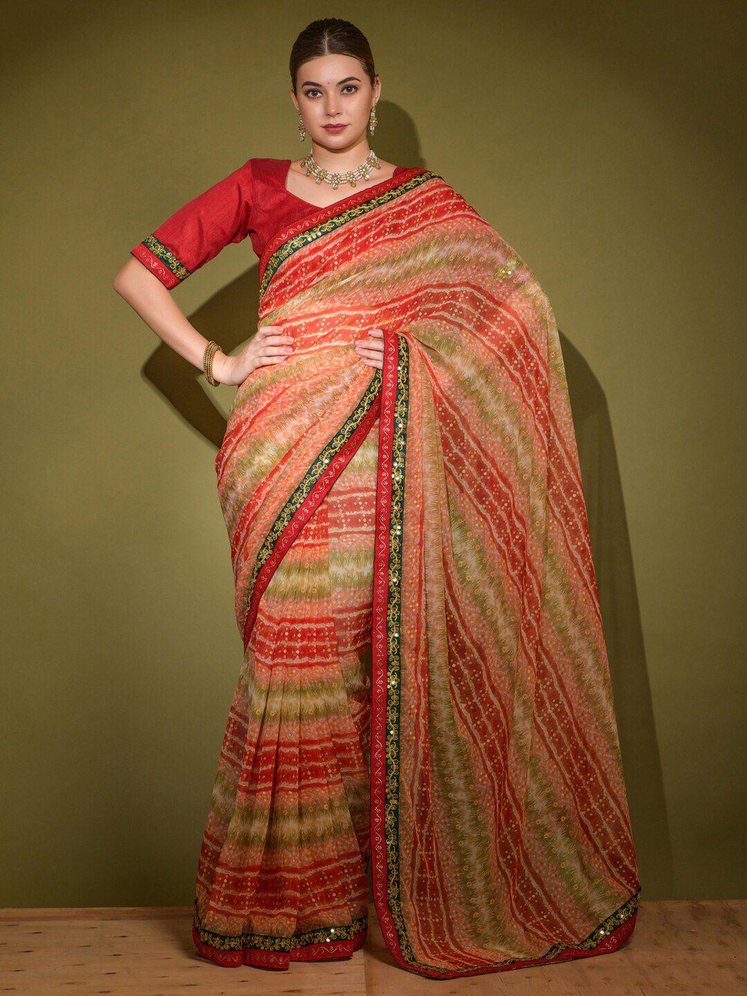 anouk red & green striped embroidered border pure georgette bagru saree