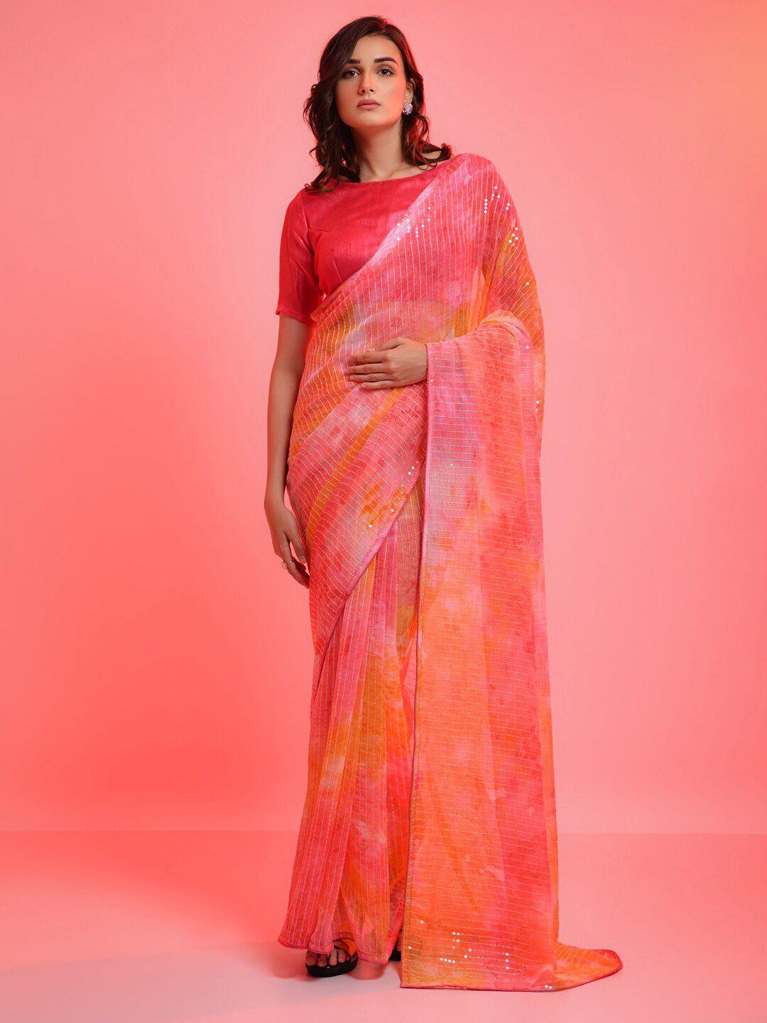 anouk orange & pink embellished sequinned pure georgette saree