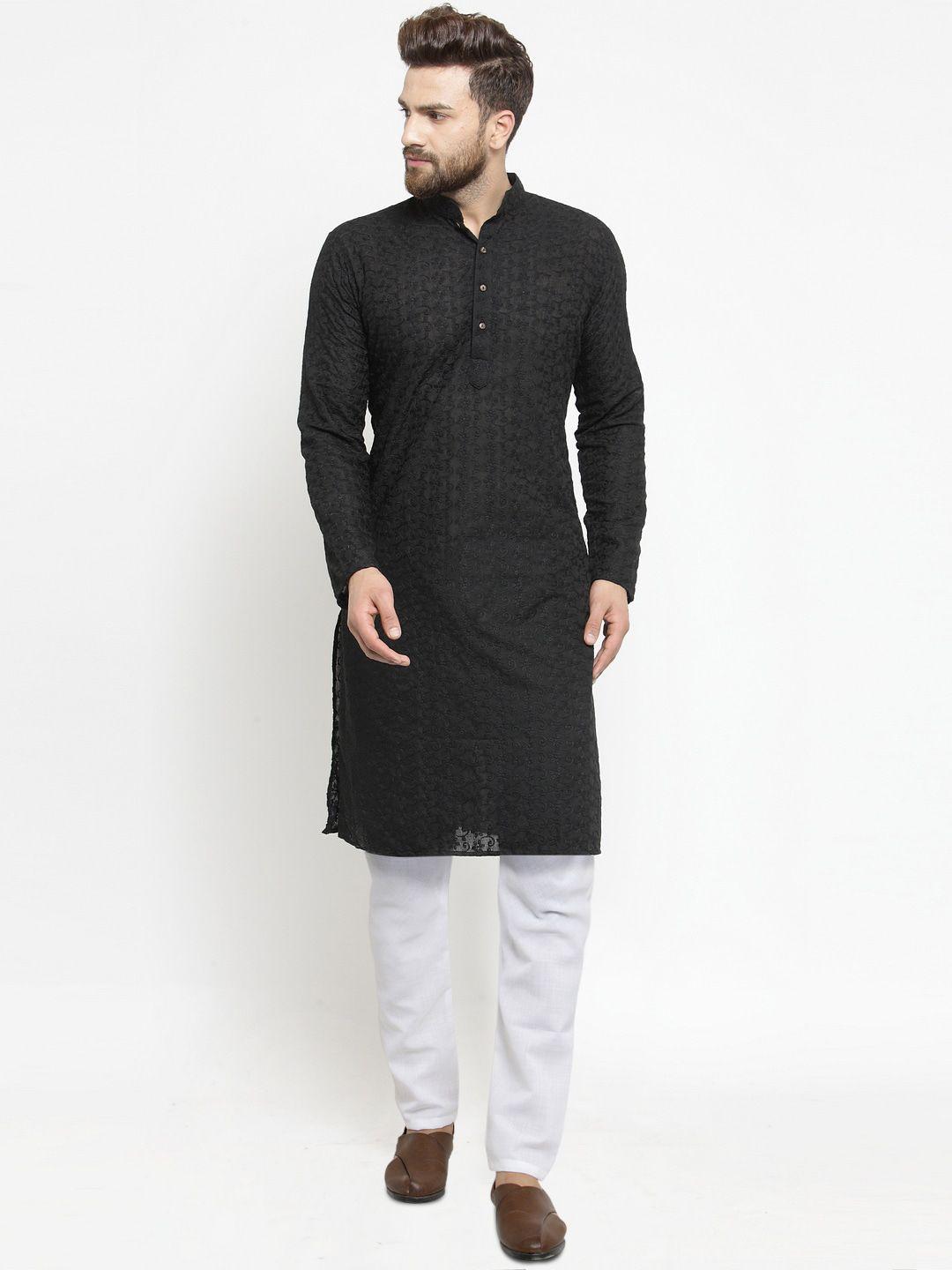 treemoda men black ethnic motifs embroidered regular thread work pure cotton kurta with pyjamas