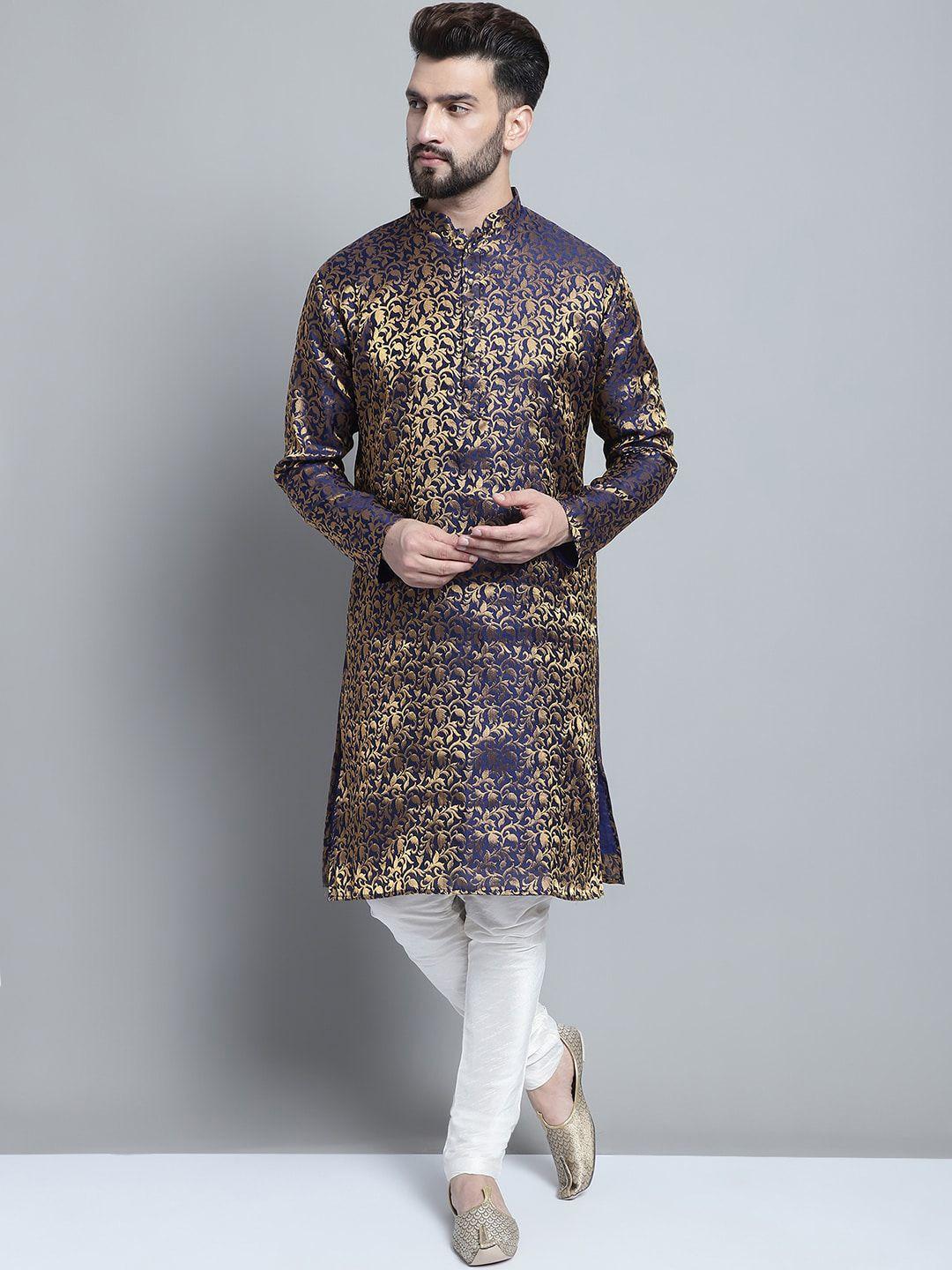 treemoda men navy blue regular raw silk kurta with pyjamas