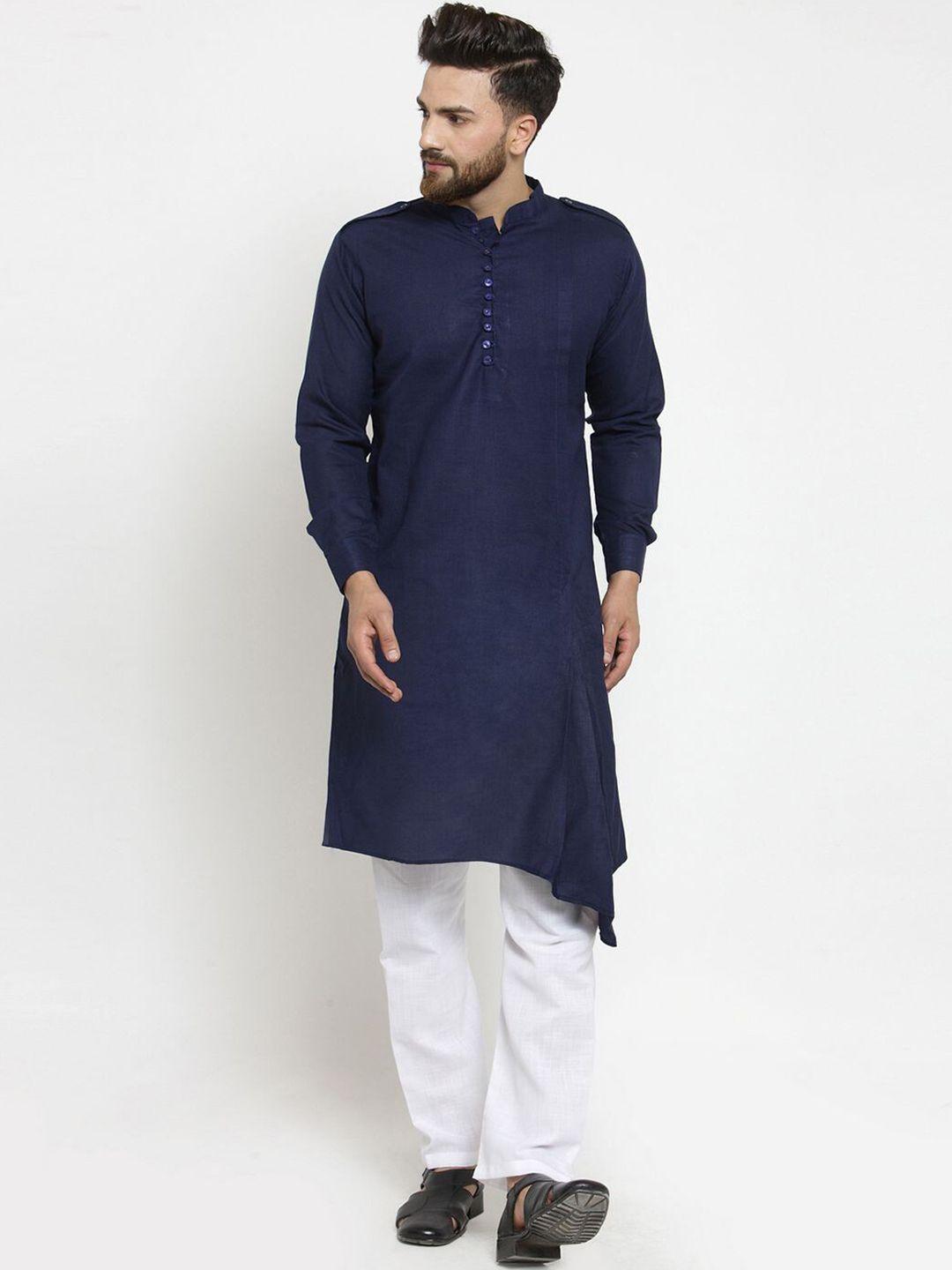 treemoda men navy blue regular linen kurta with pyjamas