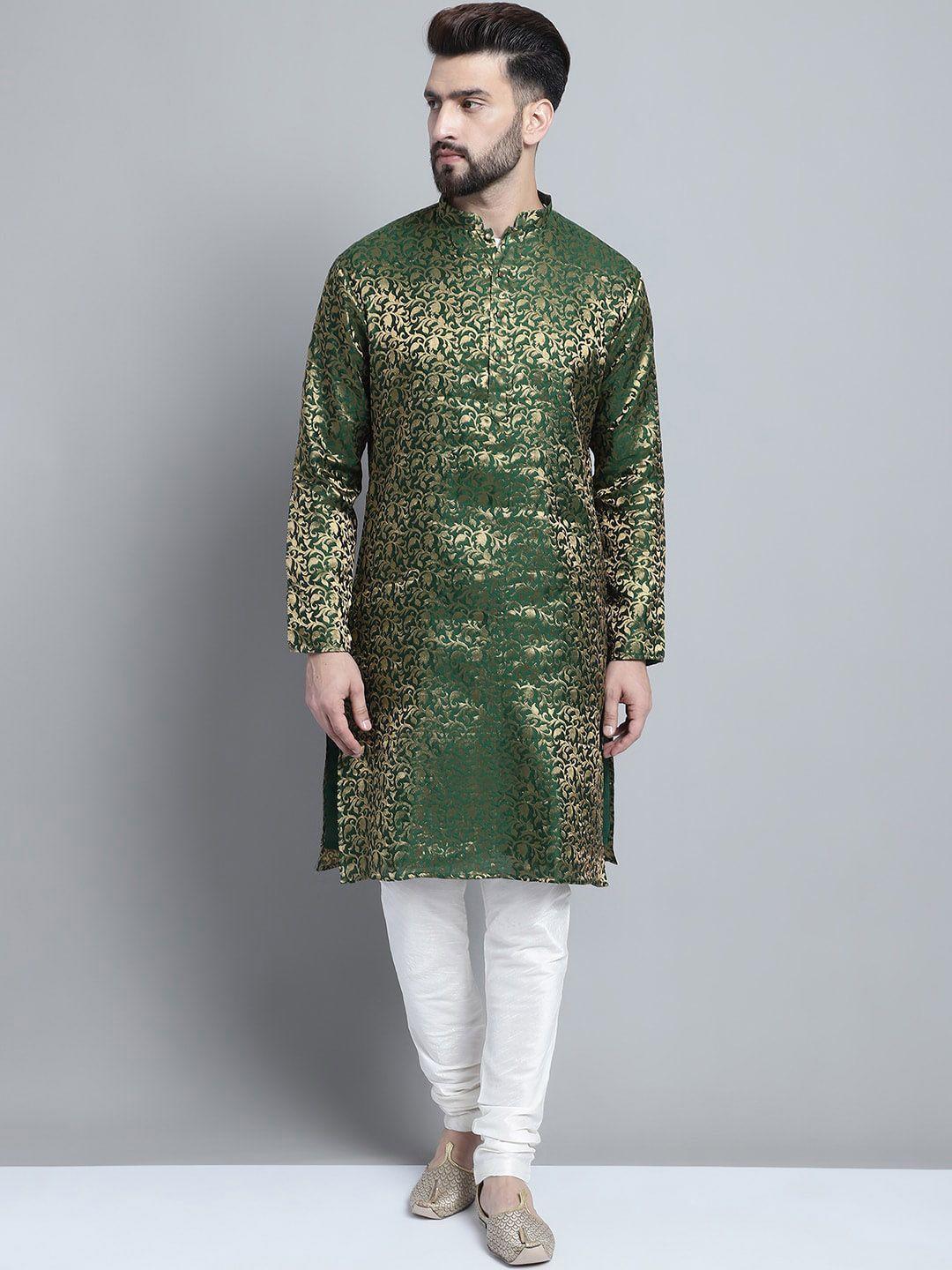 treemoda men green regular raw silk kurta with pyjamas