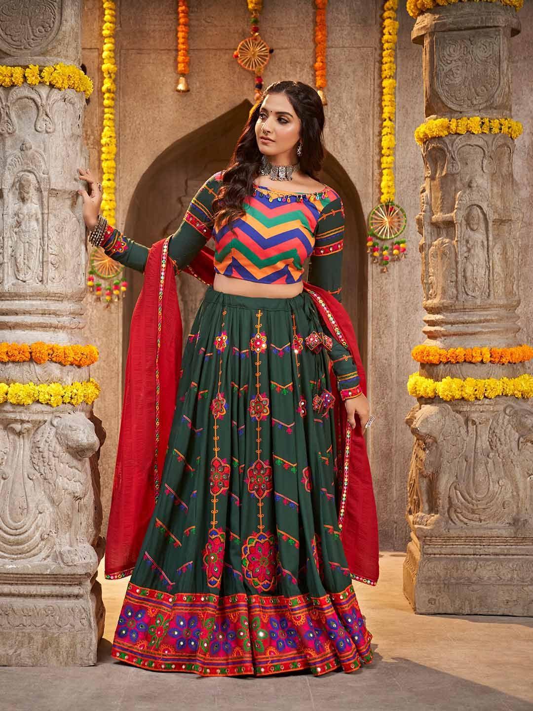 shubhkala printed thread work ready to wear lehenga & unstitched blouse with dupatta