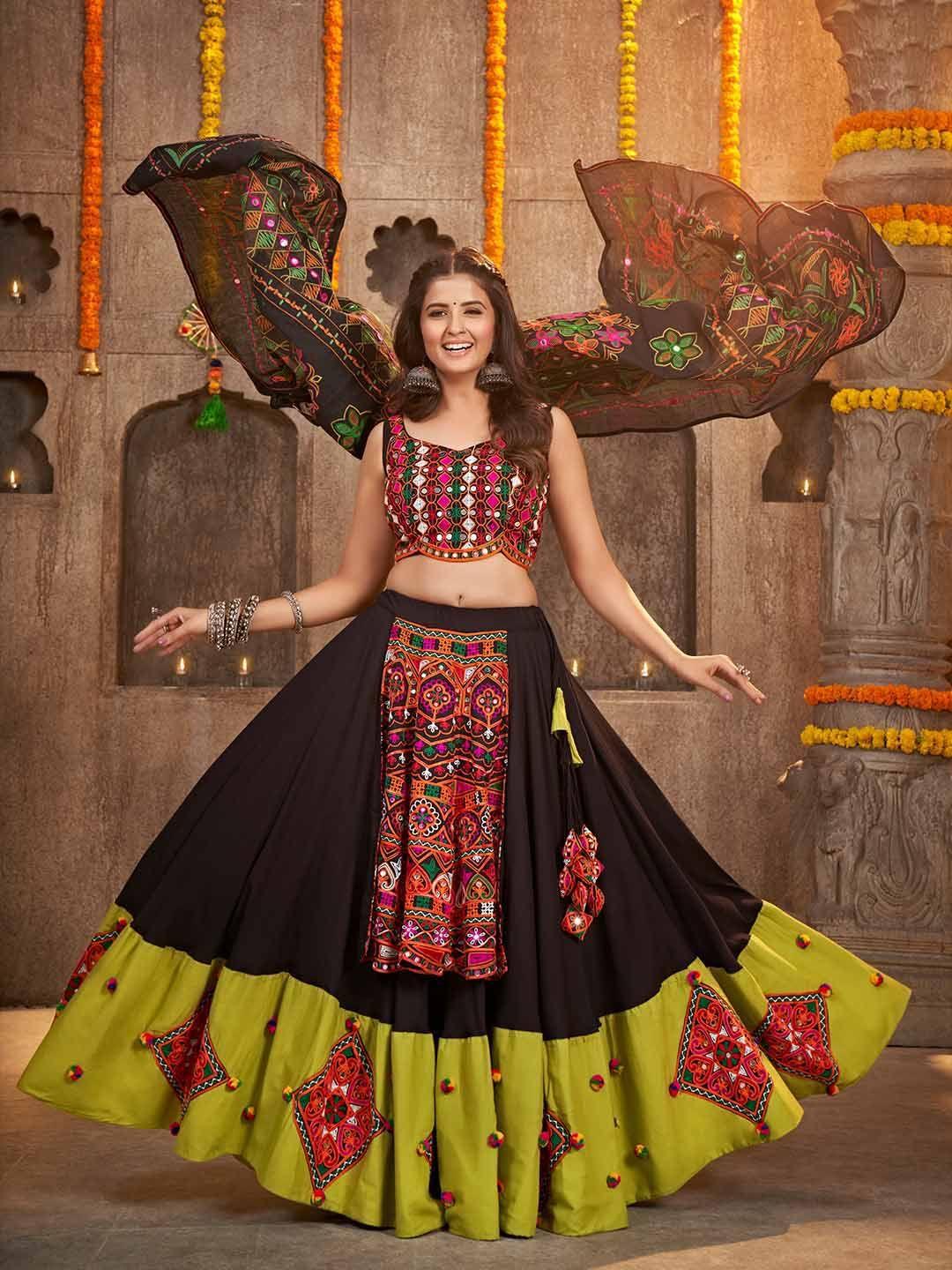 shubhkala embroidered thread work ready to wear lehenga & unstitched blouse with dupatta