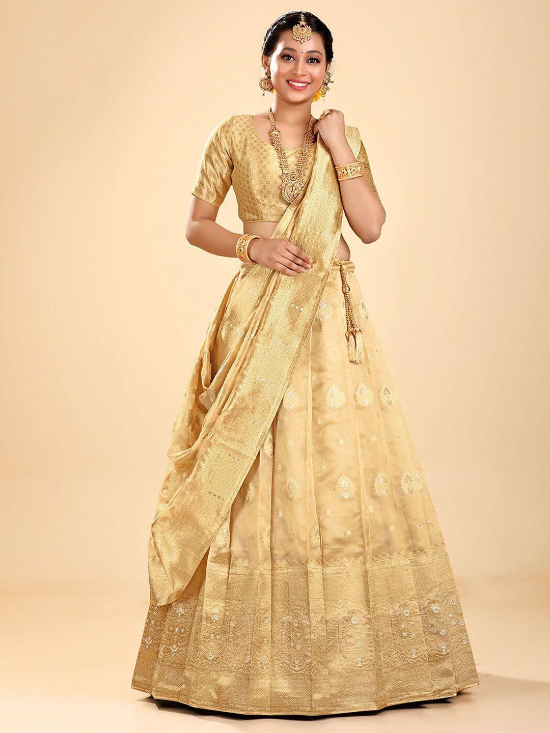 halfsaree studio cream-coloured & gold-toned embroidered semi-stitched lehenga & unstitched blouse with