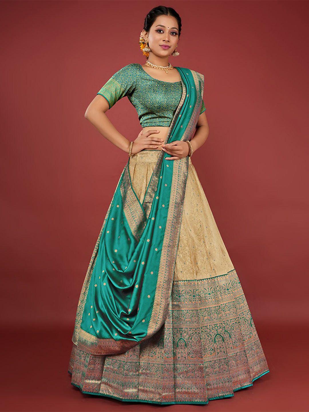 halfsaree studio cream-coloured & green semi-stitched lehenga & unstitched blouse with dupatta