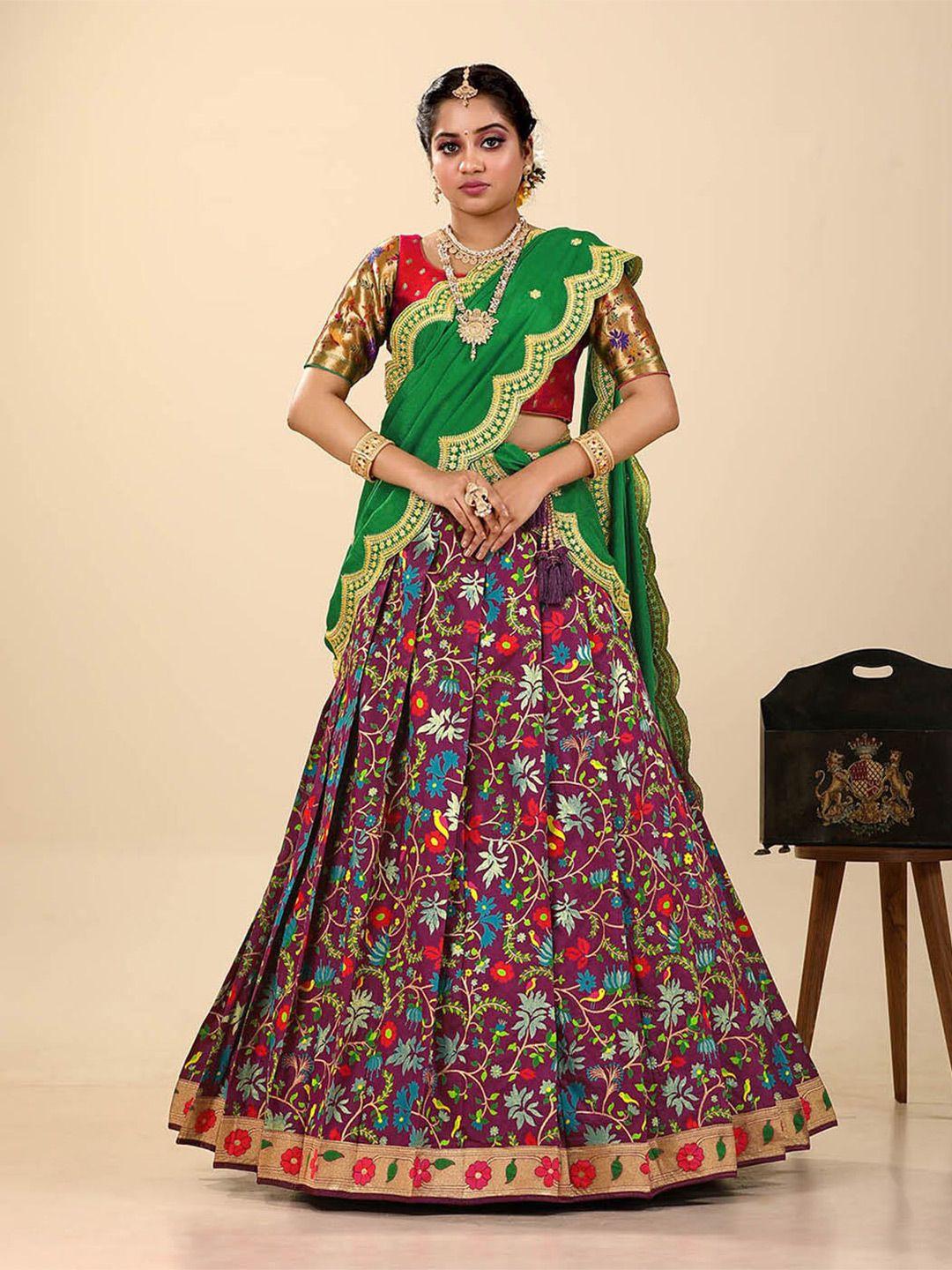 halfsaree studio magenta & green semi-stitched lehenga & unstitched blouse with dupatta