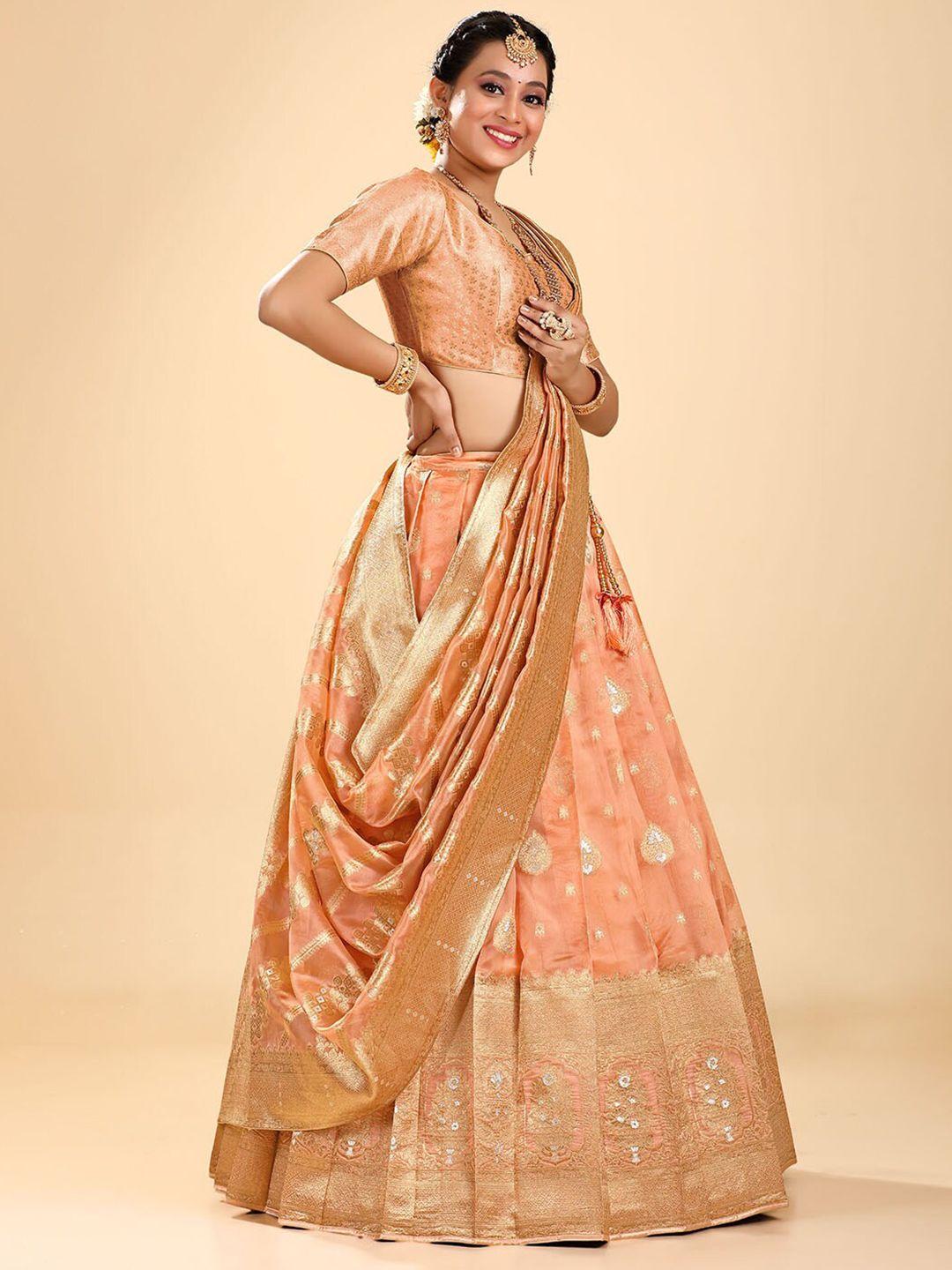 halfsaree studio peach-coloured & gold-toned semi-stitched lehenga & unstitched blouse with dupatta