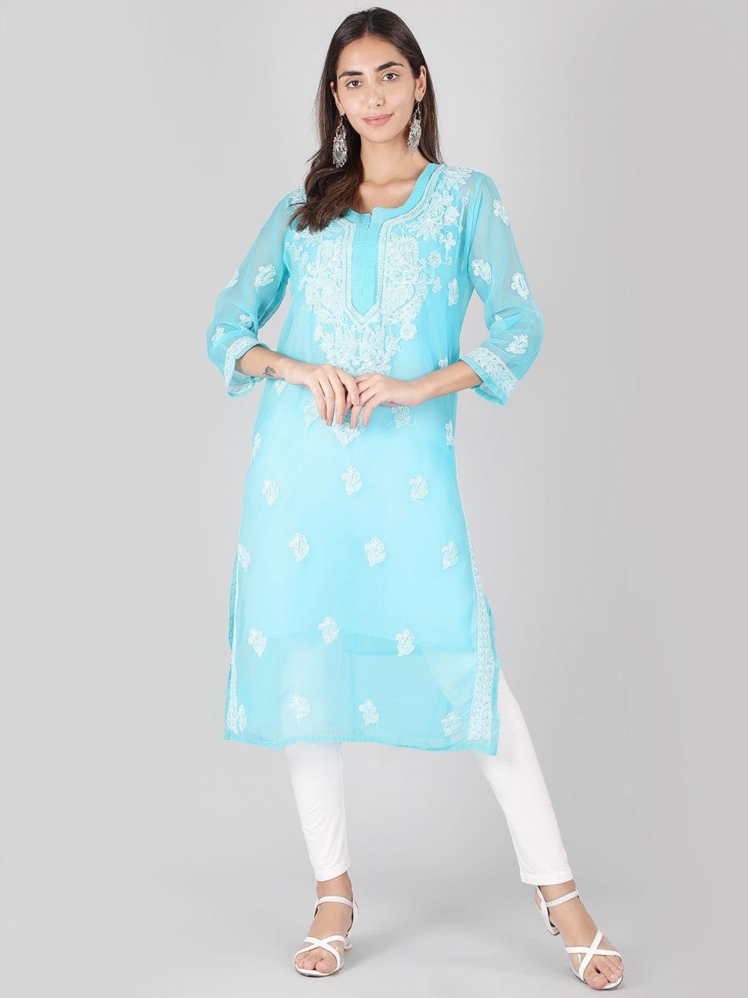 ethnava women blue ethnic motifs embroidered flared sleeves chikankari handloom georgette kurta