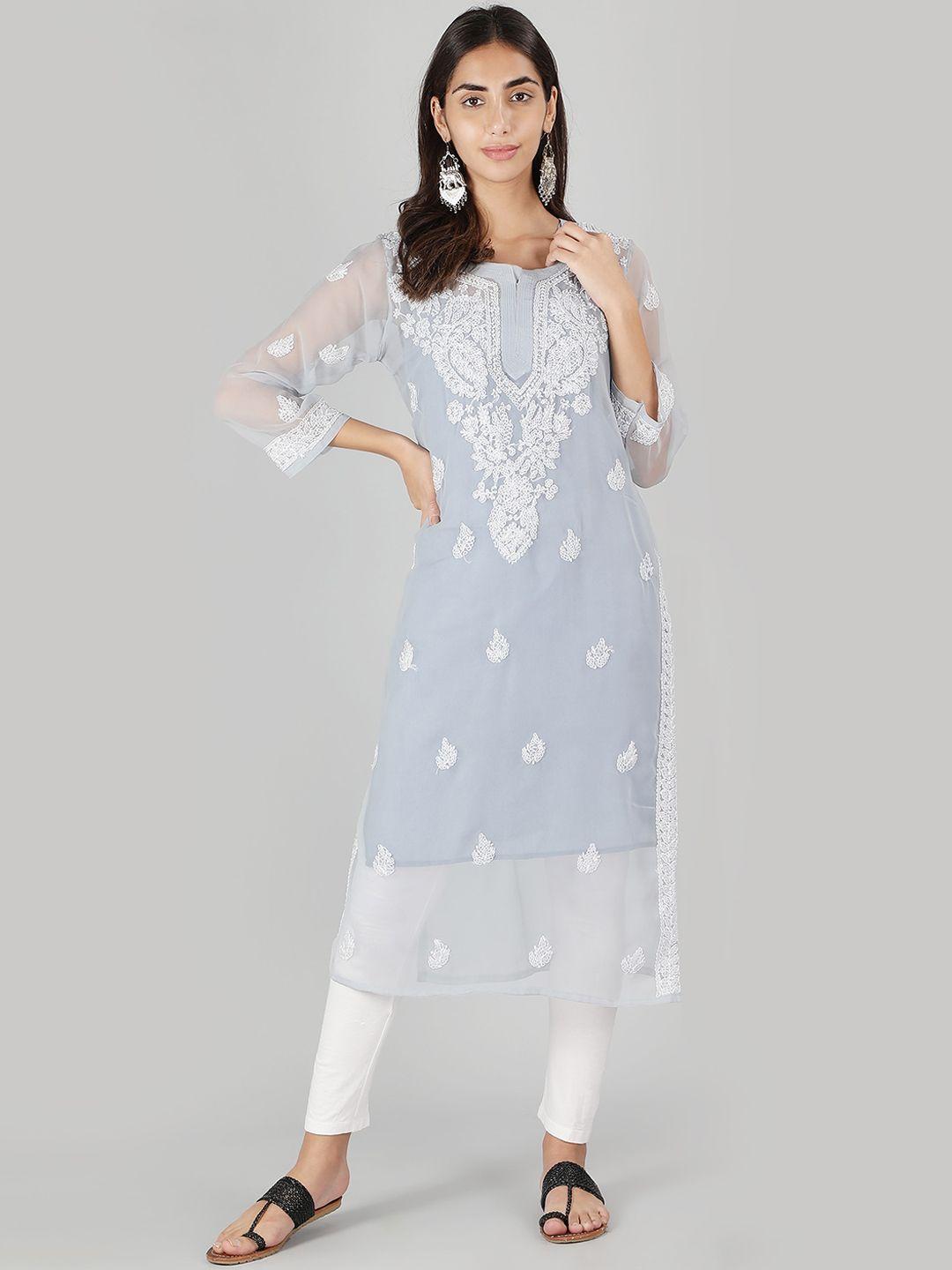 ethnava women grey embroidered flared sleeves chikankari handloom georgette kurta