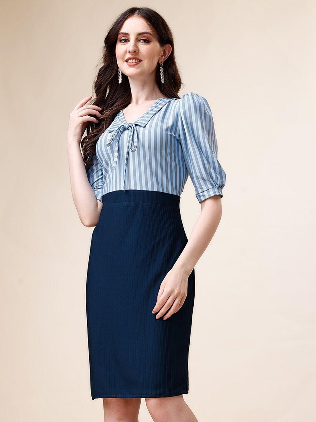 deklook striped tie-up neck puff sleeves straight sheath dress