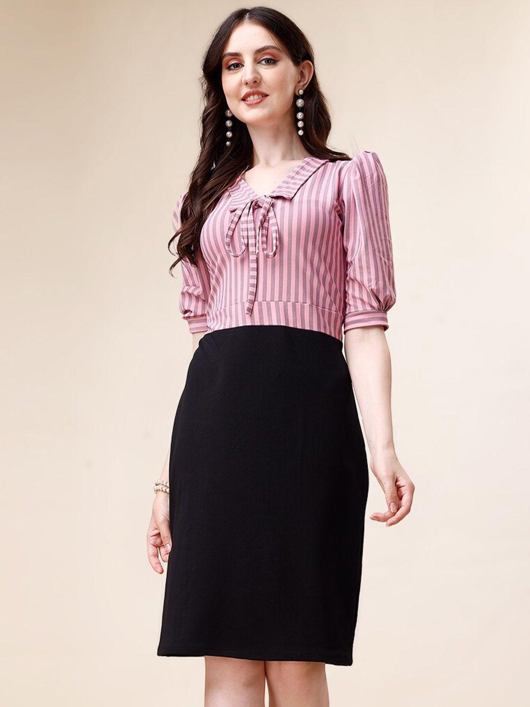 deklook striped tie-up neck puff sleeves straight sheath dress