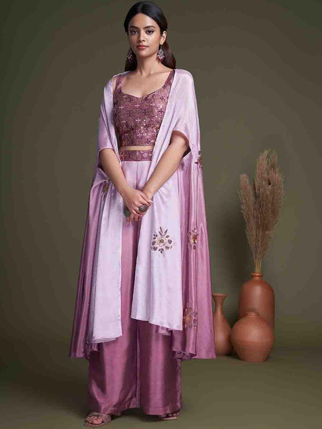 mitera purple & pink embroidered pure silk top with palazzo & with shrug