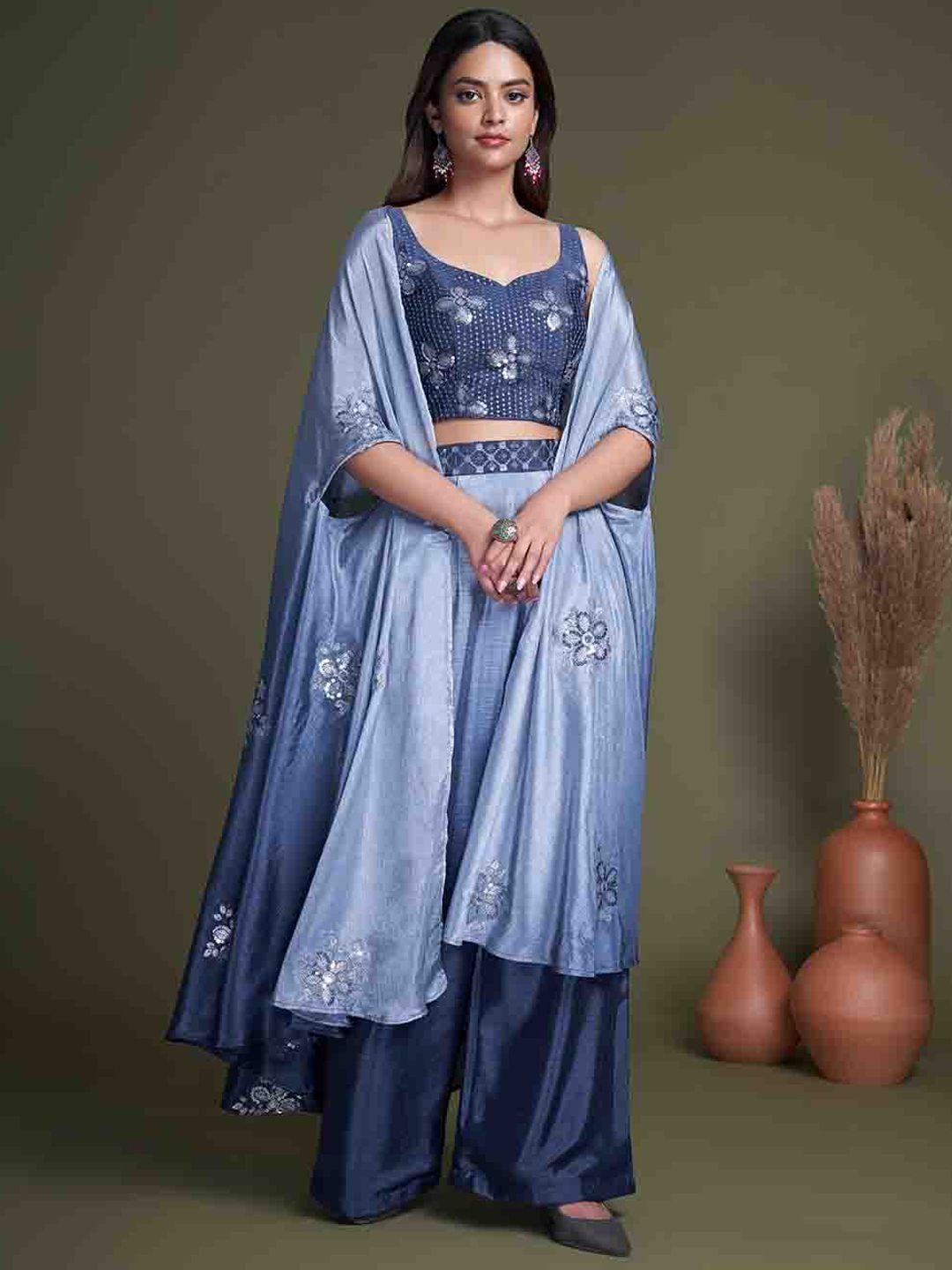 mitera blue embroidered top with palazzo & with shrug