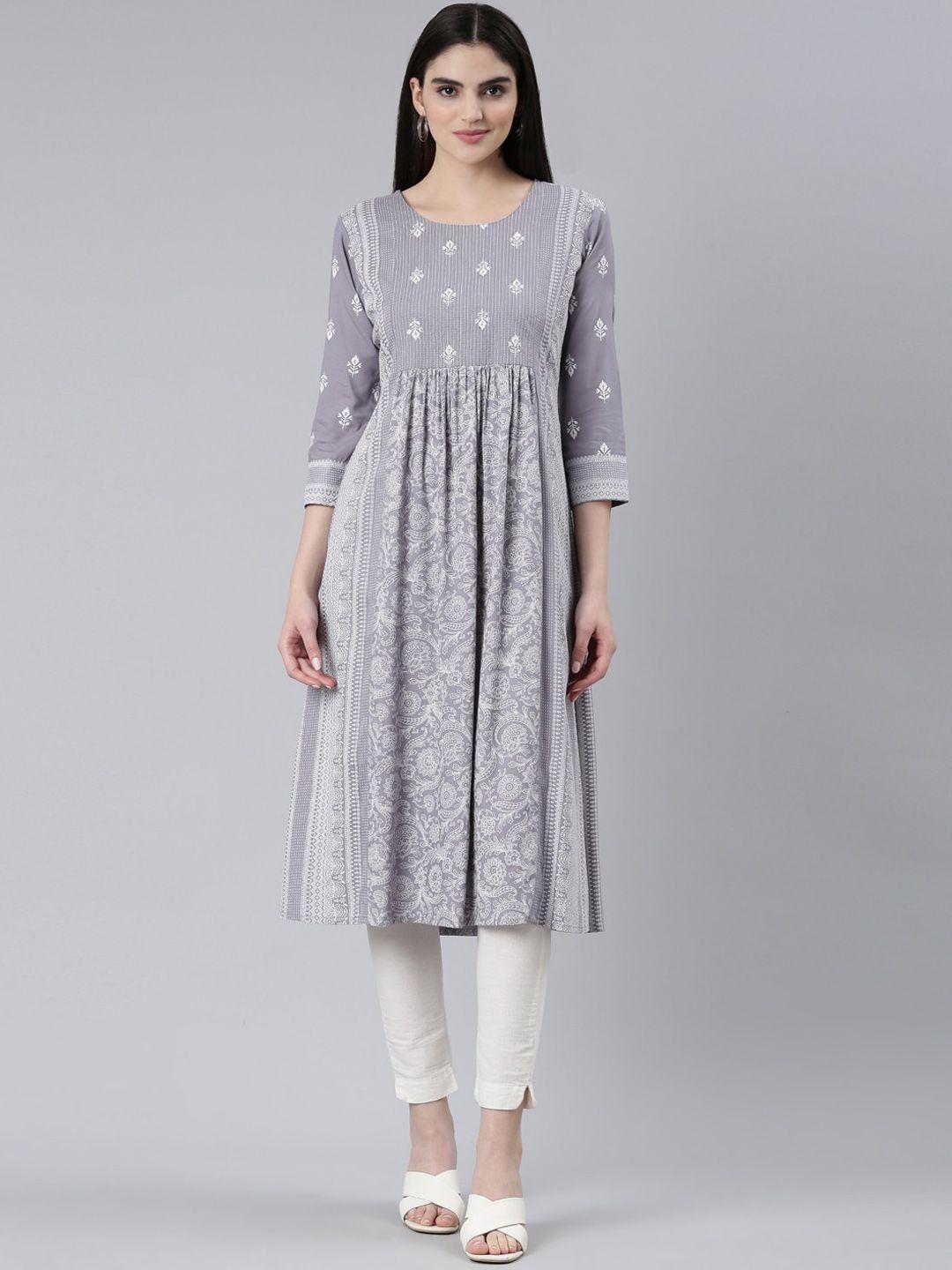 neerus ethnic motifs printed thread work sequined pure cotton a-line kurta