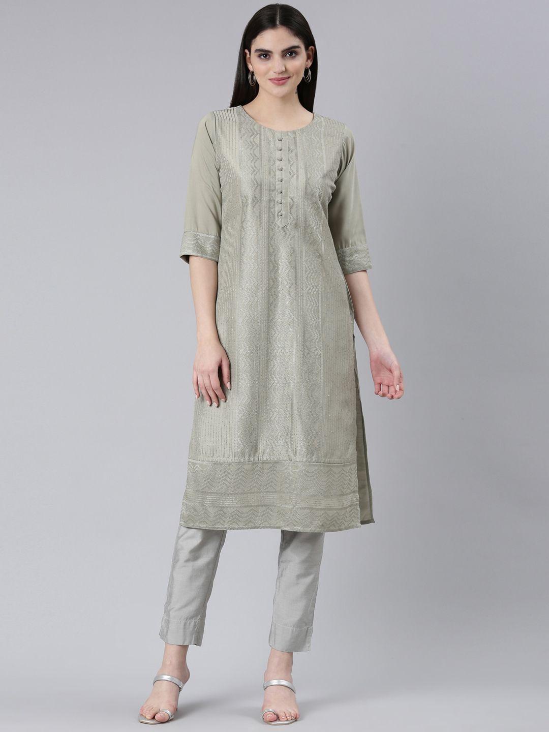 neerus geometric embroidered thread work pure silk kurta