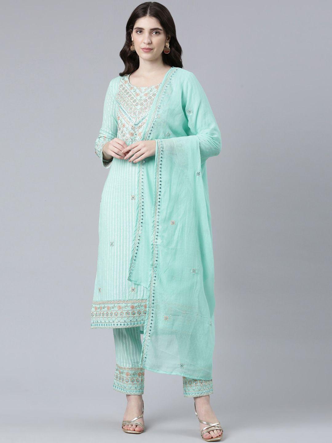 neerus striped yoke design embriodered pure cotton straight kurta with trousers &  dupatta