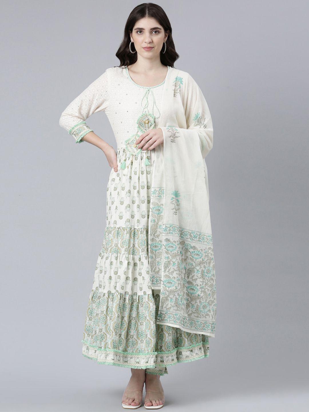 neerus floral printed pure cotton anarkali kurta with trousers & dupatta