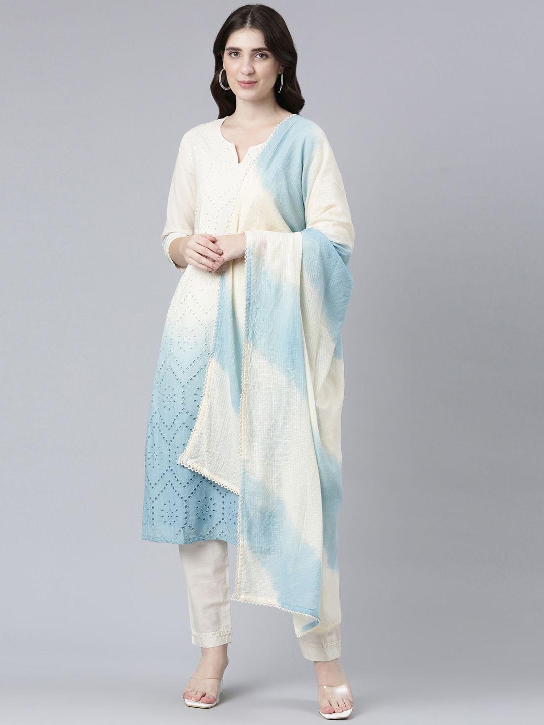 neerus schiffli round neck cotton kurta with trousers & with  dupatta