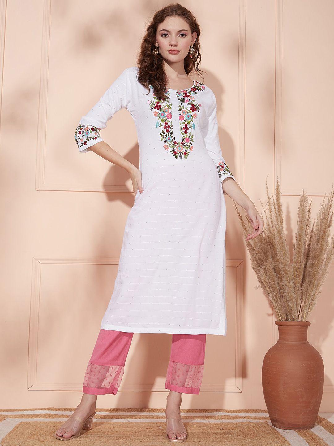 fashor women white embroidered thread work kurta