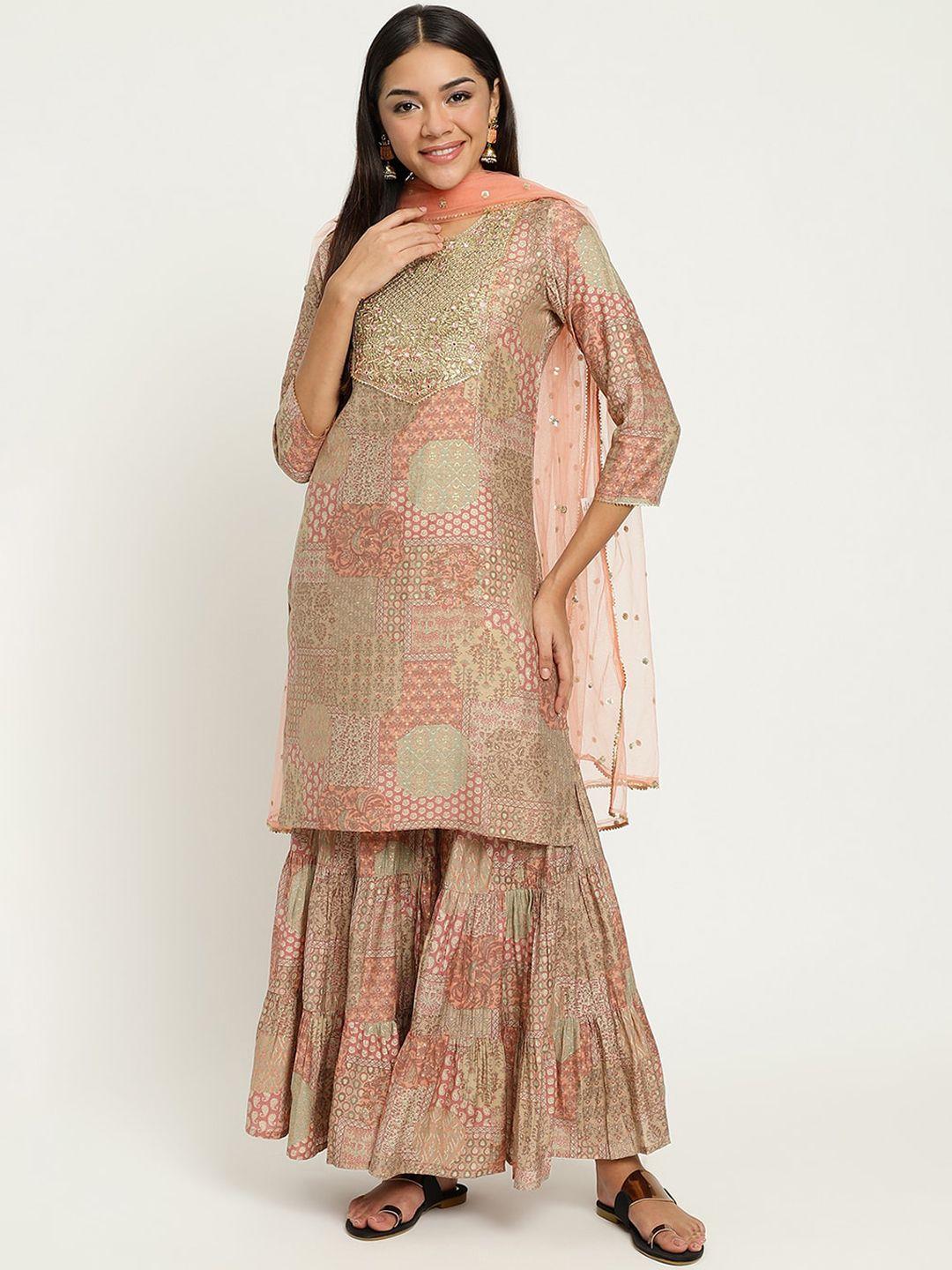 be indi ethnic motifs printed zari detailed straight kurta & sharara with dupatta