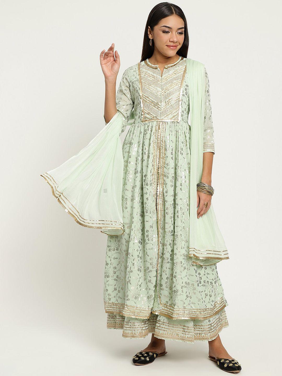 be indi floral printed high-slit anarkali kurta & sharara with dupatta