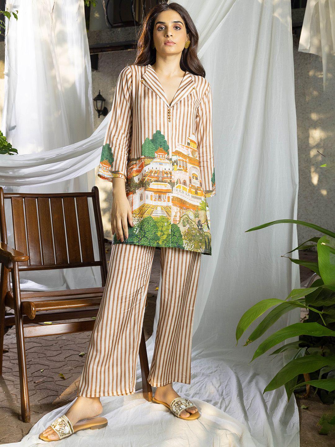 ishin printed linen v-neck tunic & palazzos