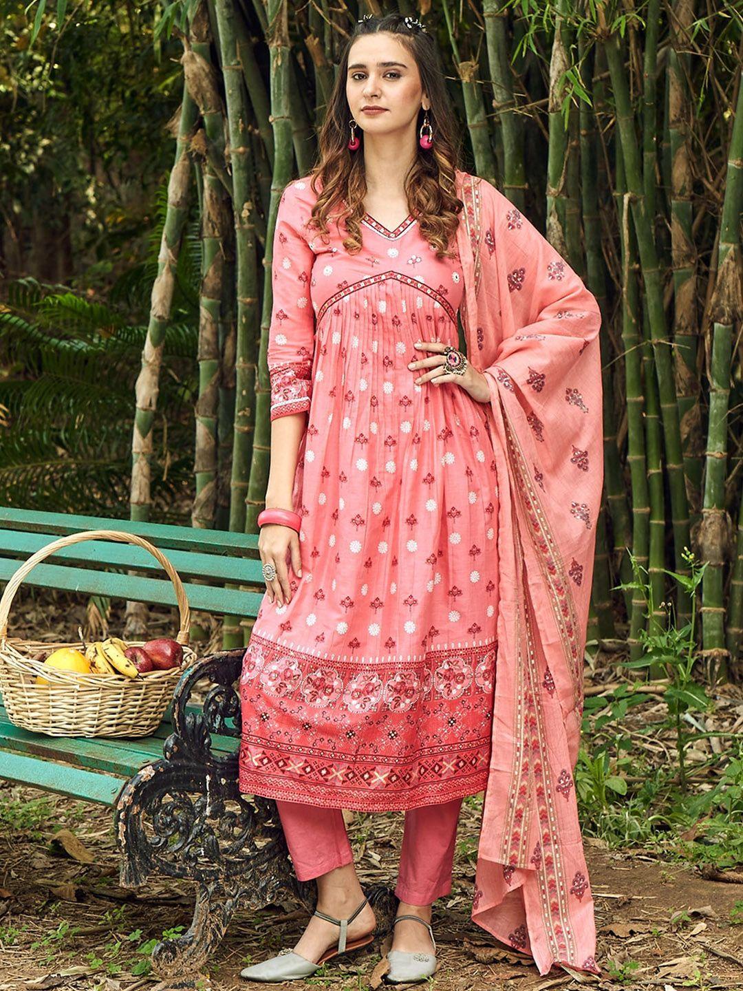 ishin floral printed mirror work empire anarkali kurta with trousers & dupatta