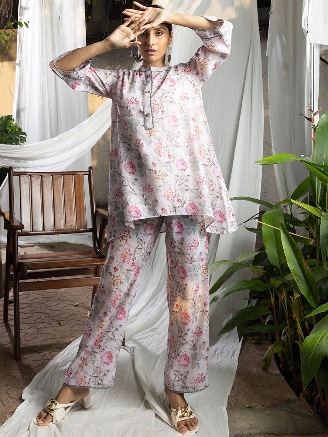 ishin printed linen mandarin collar tunic & palazzos