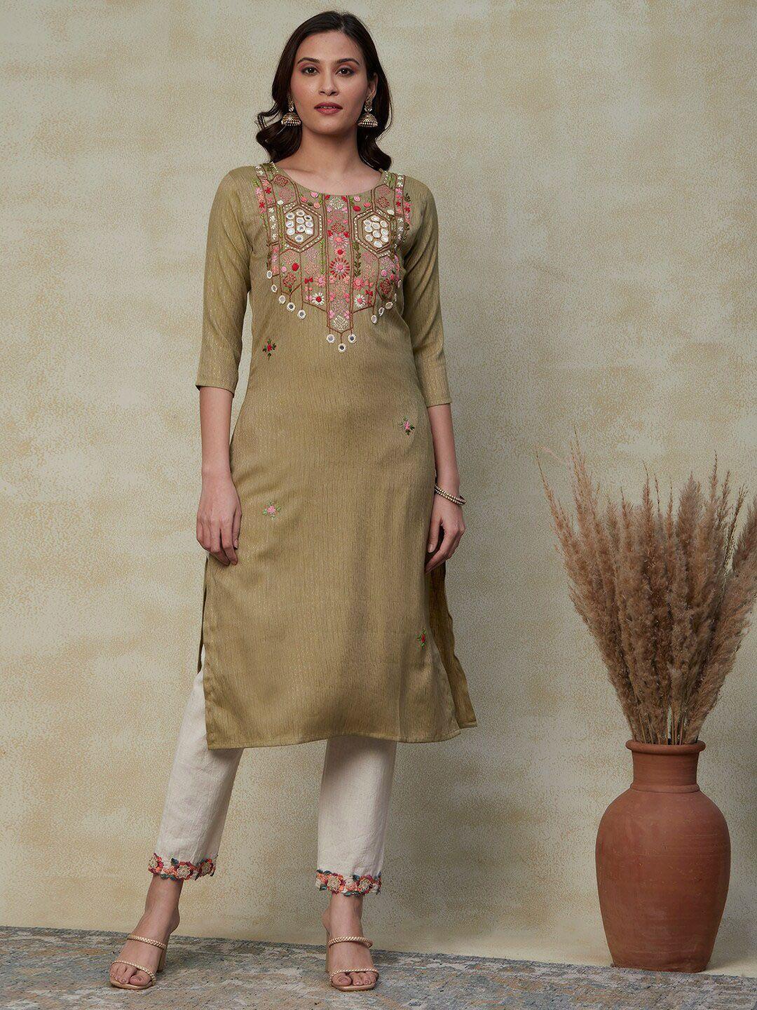 fashor women olive green geometric embroidered thread work kurta