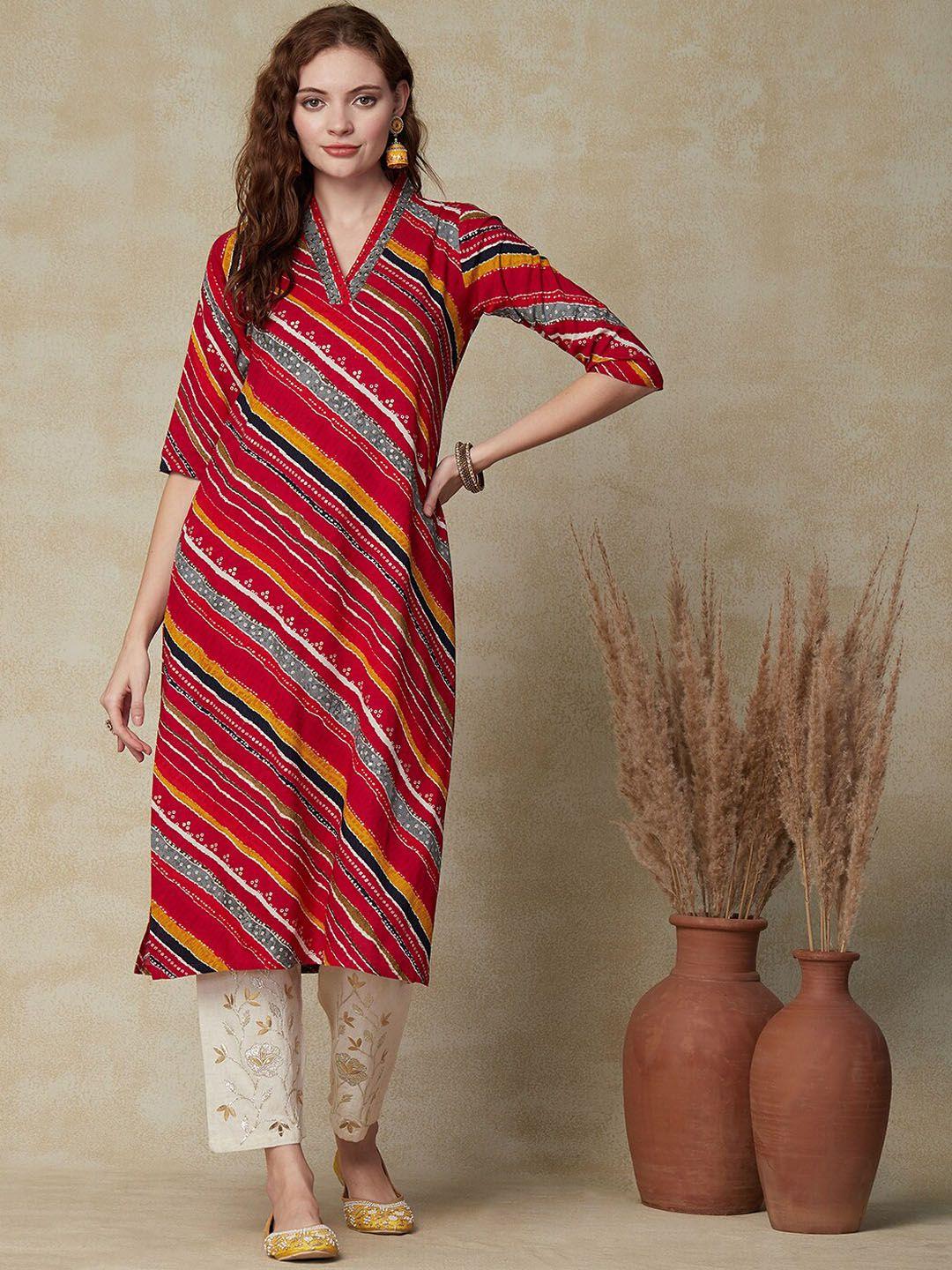 fashor magenta & yellow ethnic motifs foil printed v-neck straight kurta