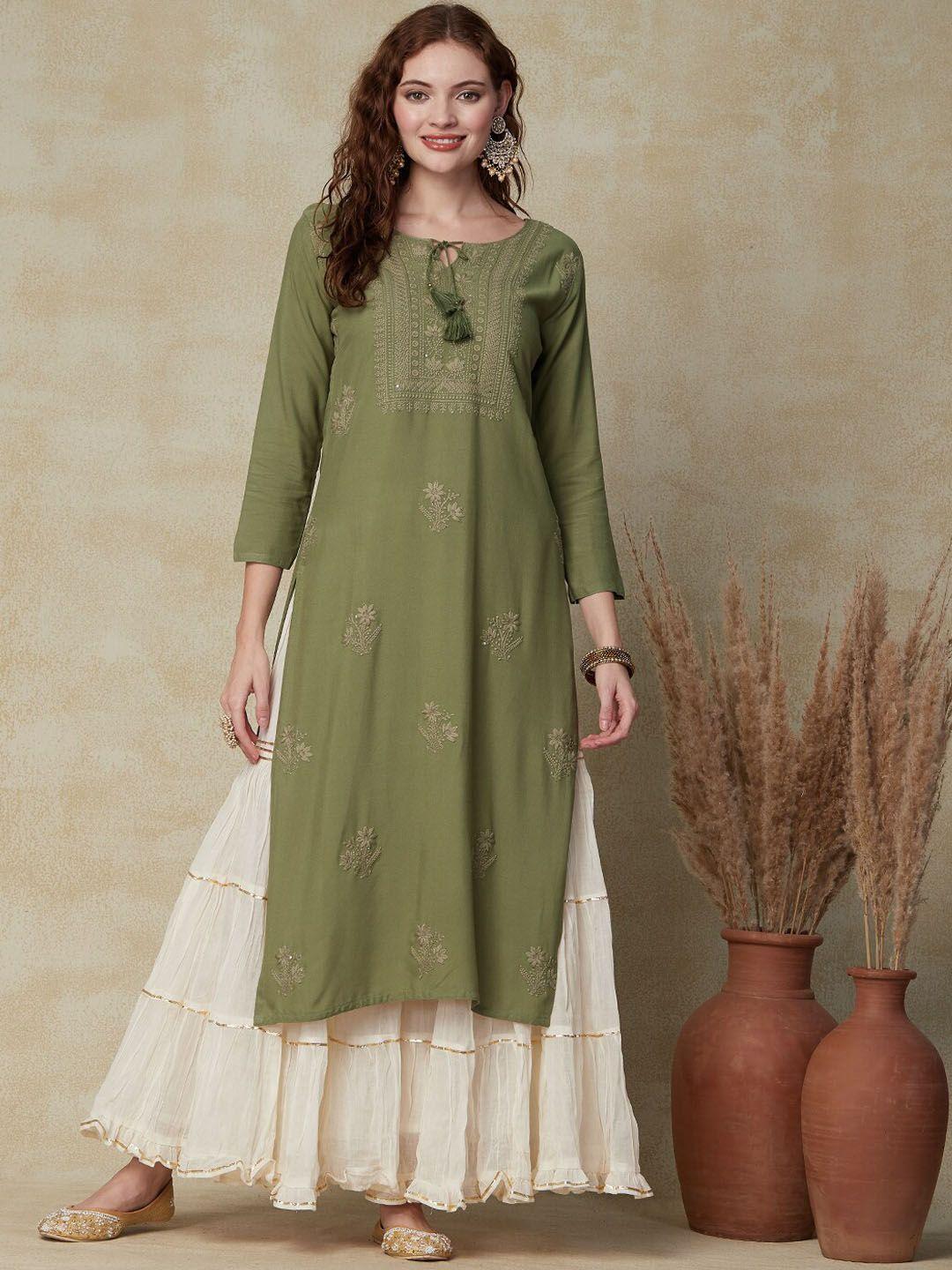 fashor women olive green embellished keyhole neck flared sleeves kurta