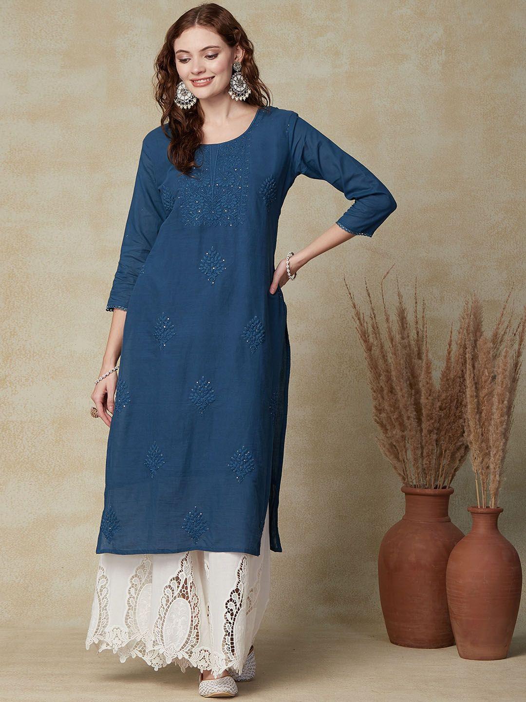 fashor women teal geometric embroidered flared sleeves chikankari kurta