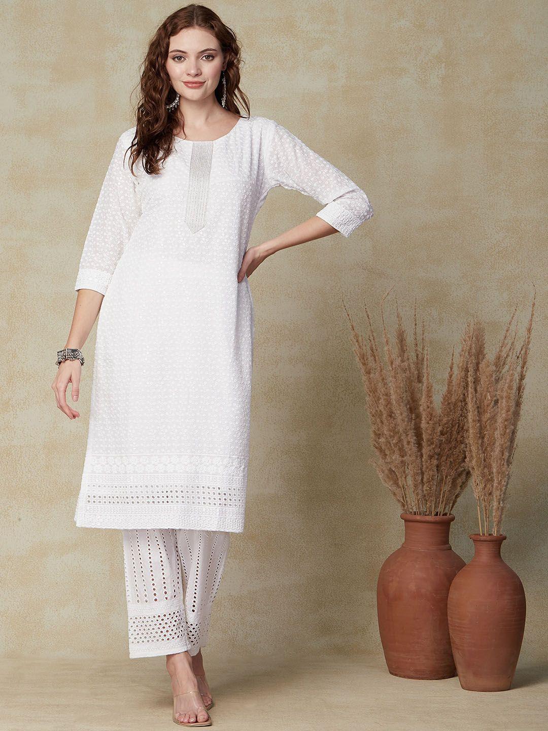 fashor women white flared sleeves thread work kurta