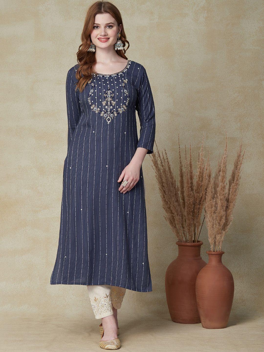 fashor women blue striped flared sleeves thread work kurta