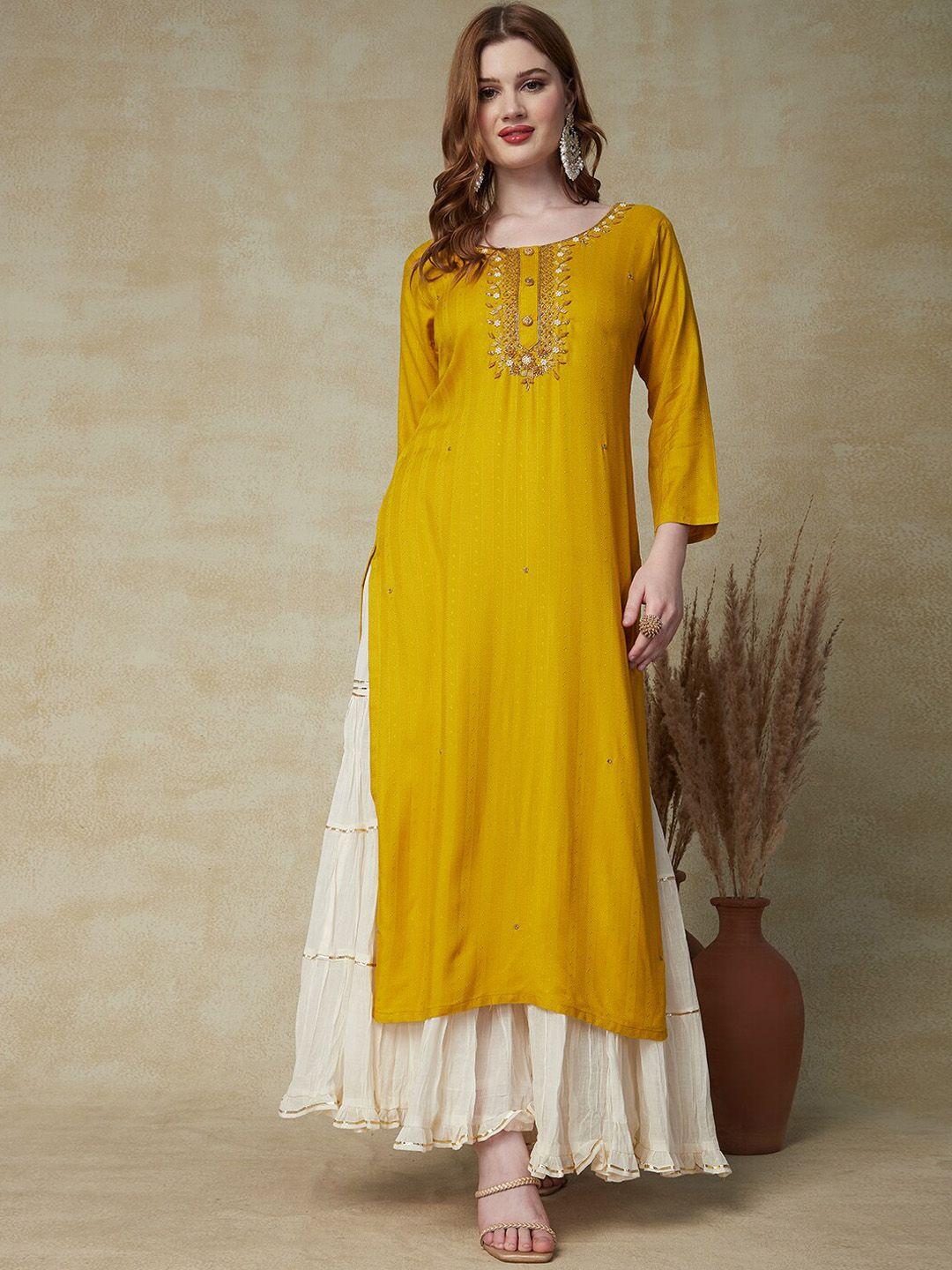 fashor women mustard yellow thread work kurta