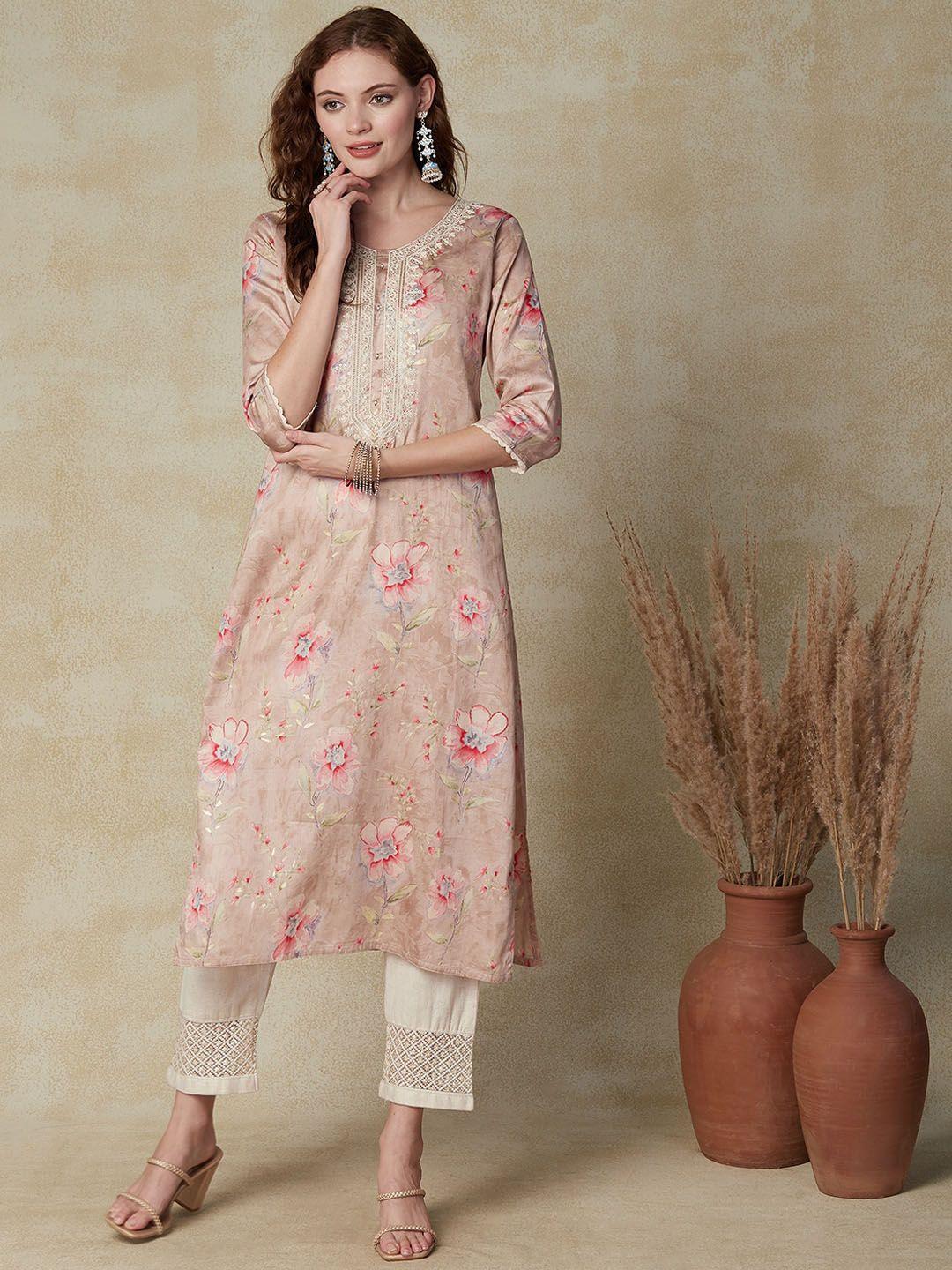 fashor women taupe floral embroidered keyhole neck kurta