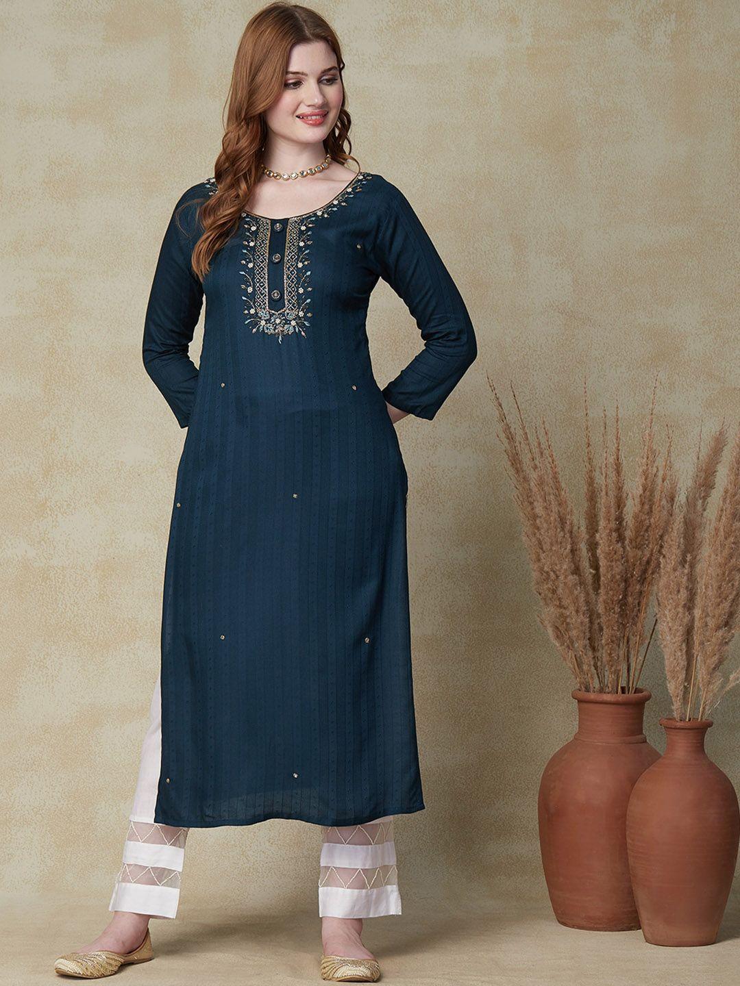 fashor women teal yoke design thread work kurta