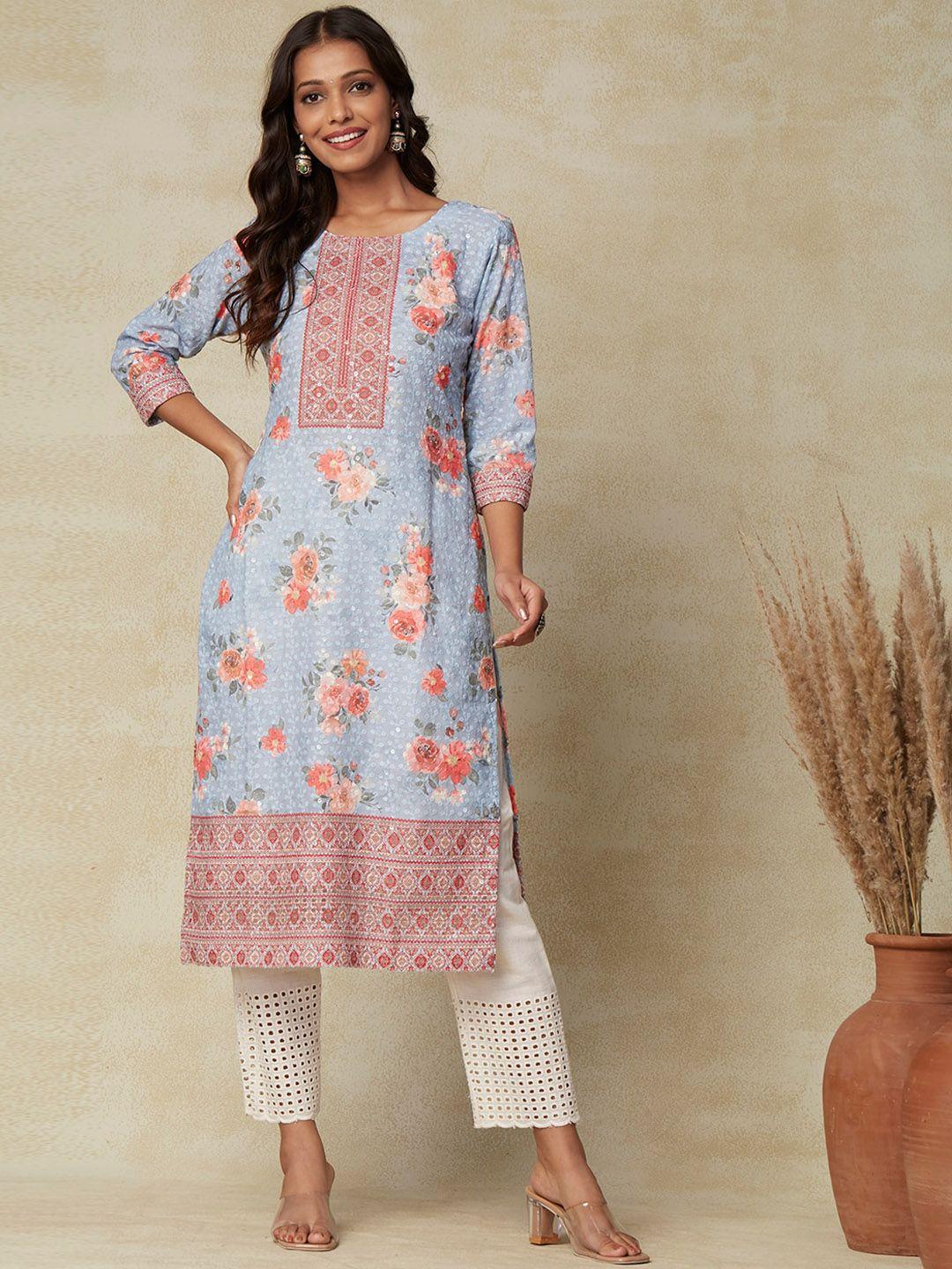 fashor women blue floral printed sequinned kurta